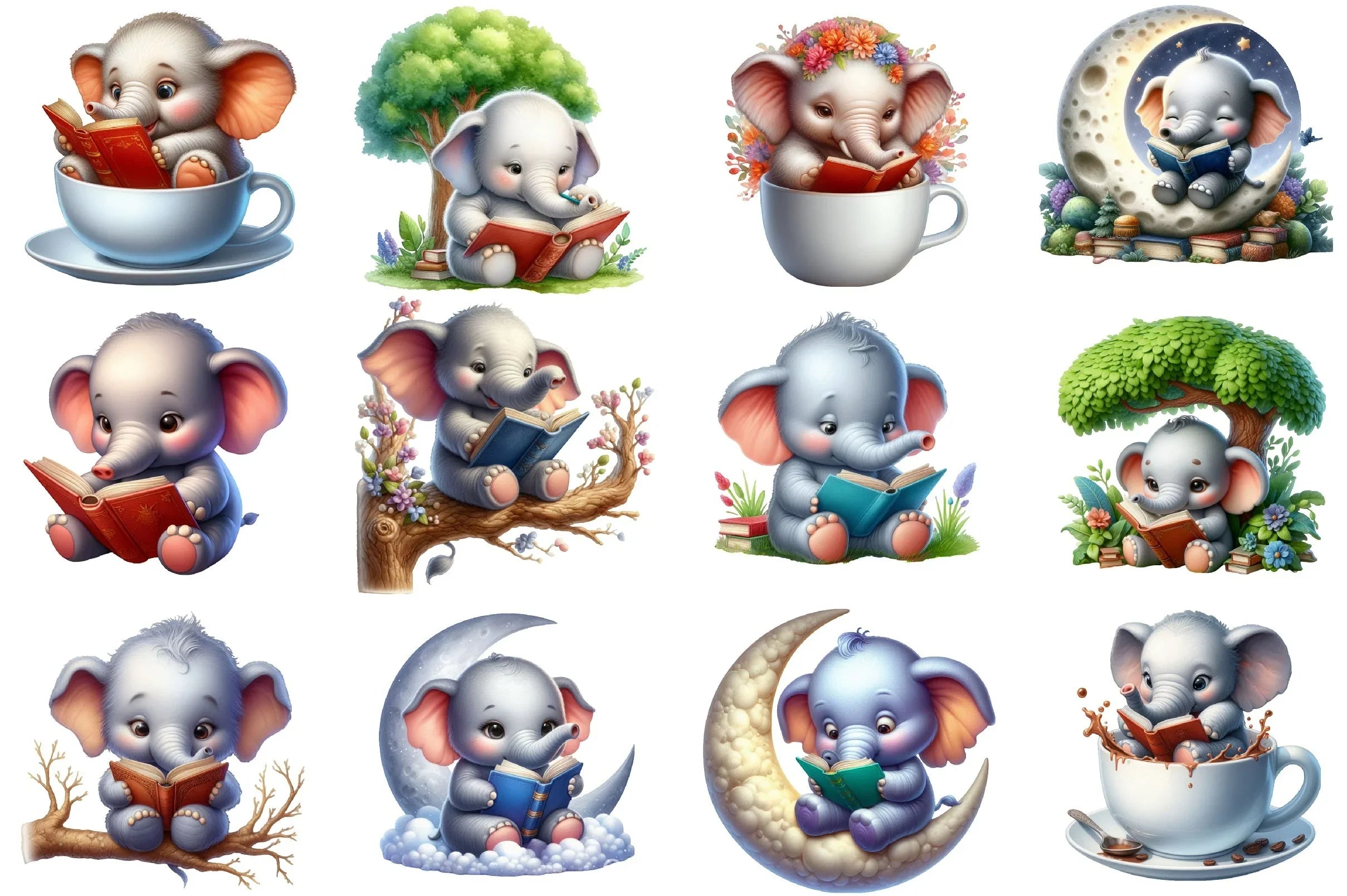 Elephant Reading Clipart Bundle - CraftNest - Digital Crafting and Art