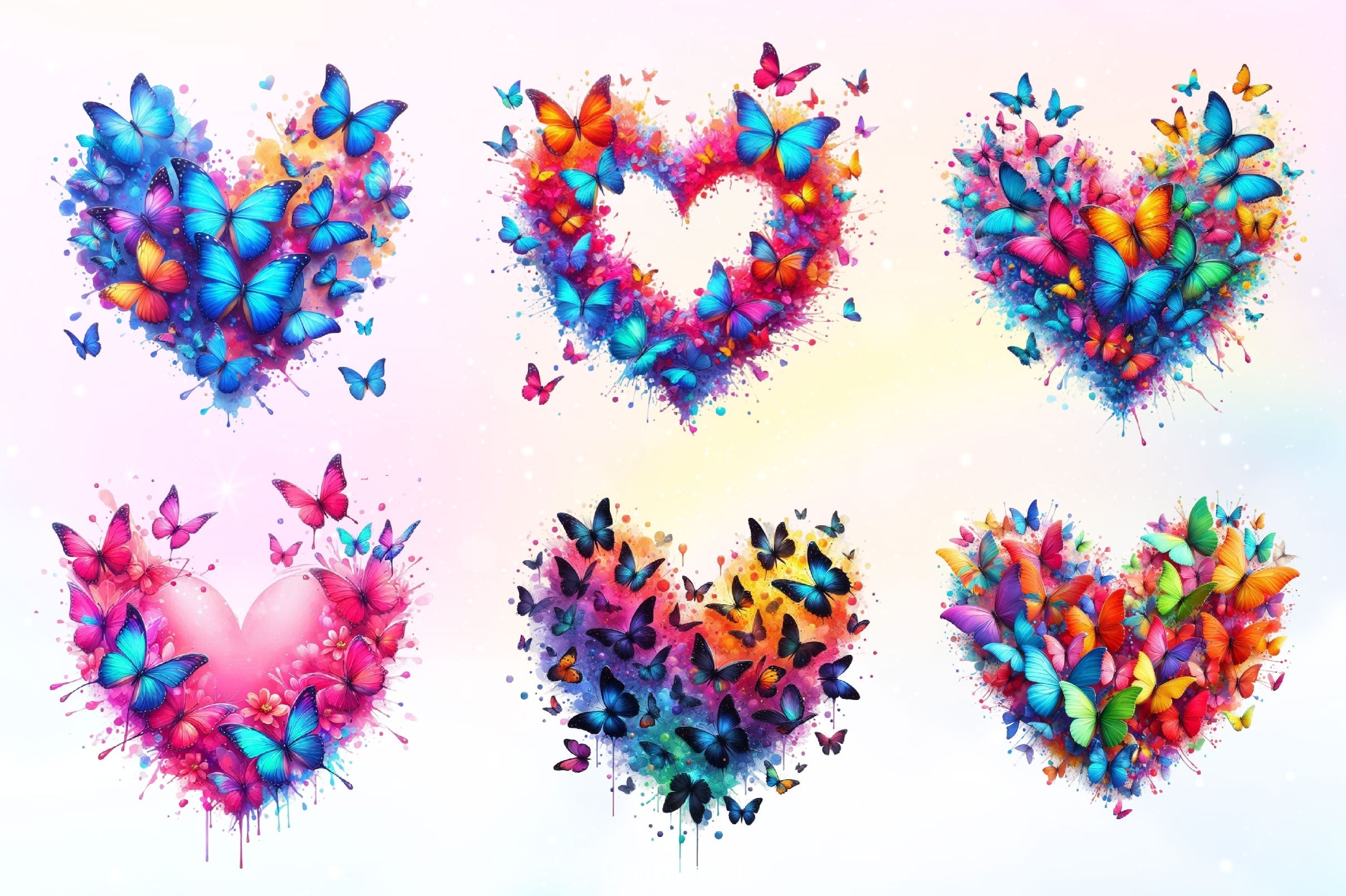Colorful Butterflies Heart Clipart Bundle