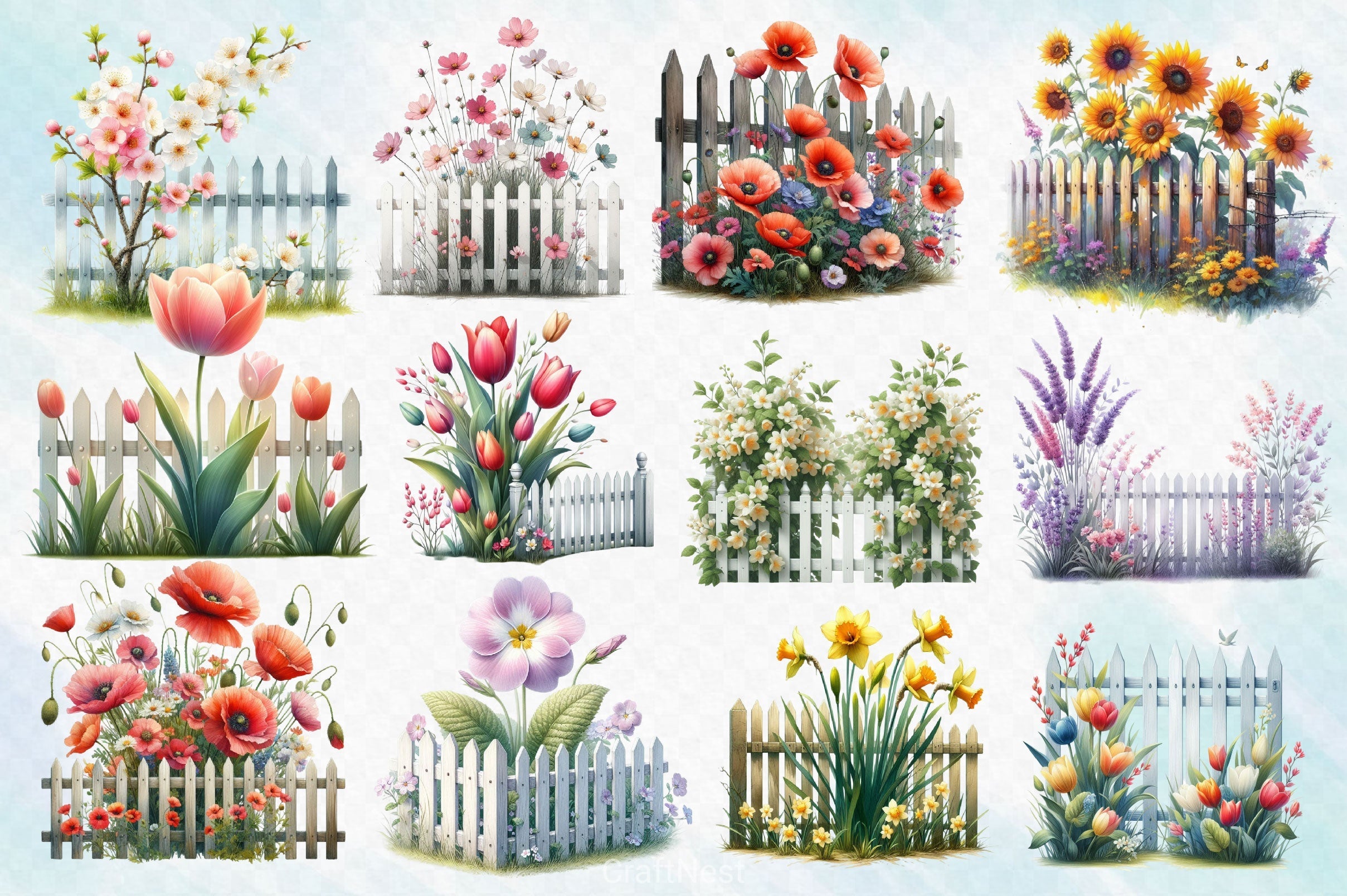 Spring Flower Fence Clipart Bundle 3