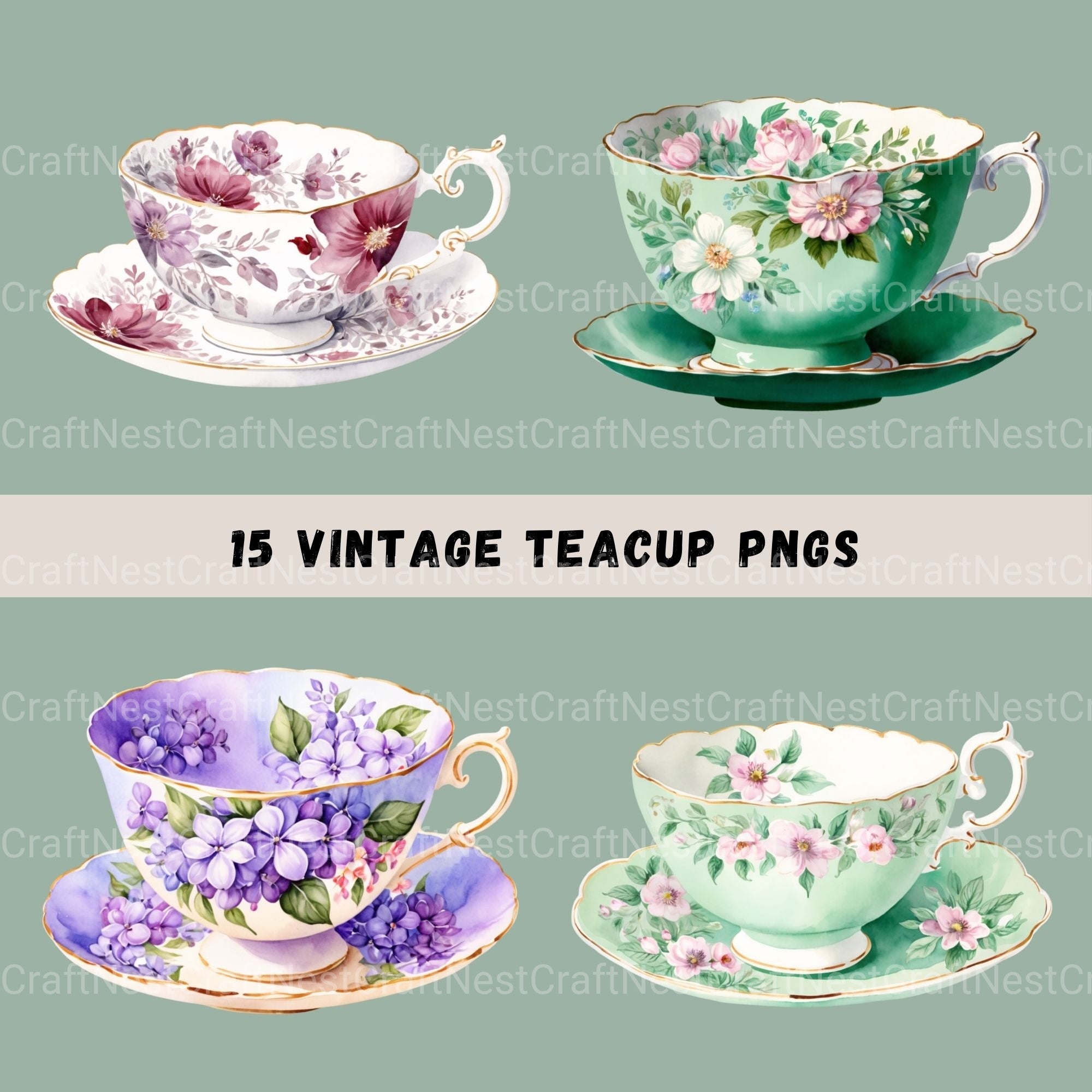 Teacups Vintage Clipart Bundle