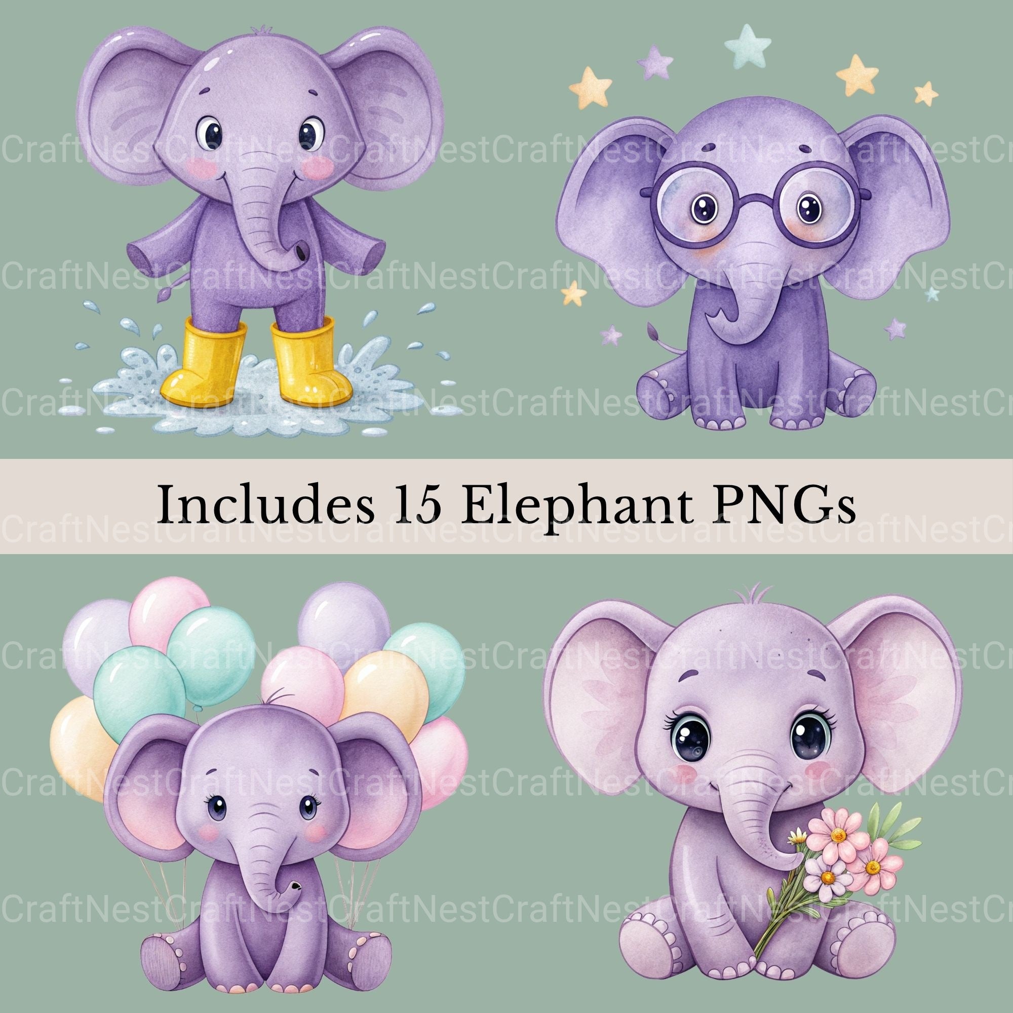 Purple Elephants Clipart Bundle