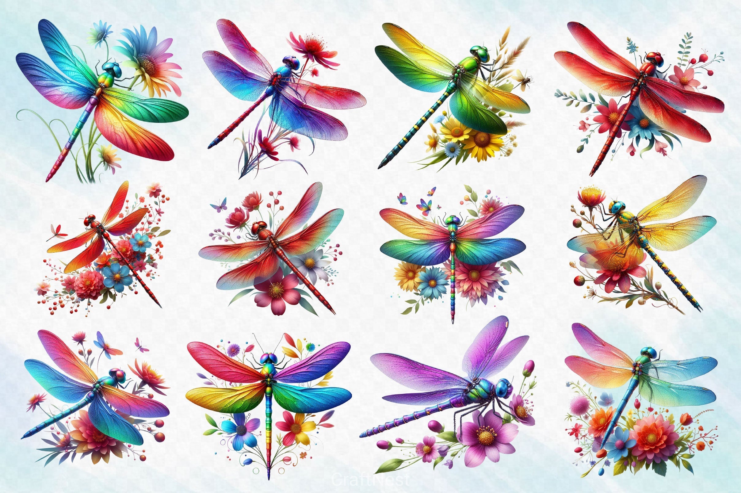 Colorful Dragonfly With Flower Clipart Bundle