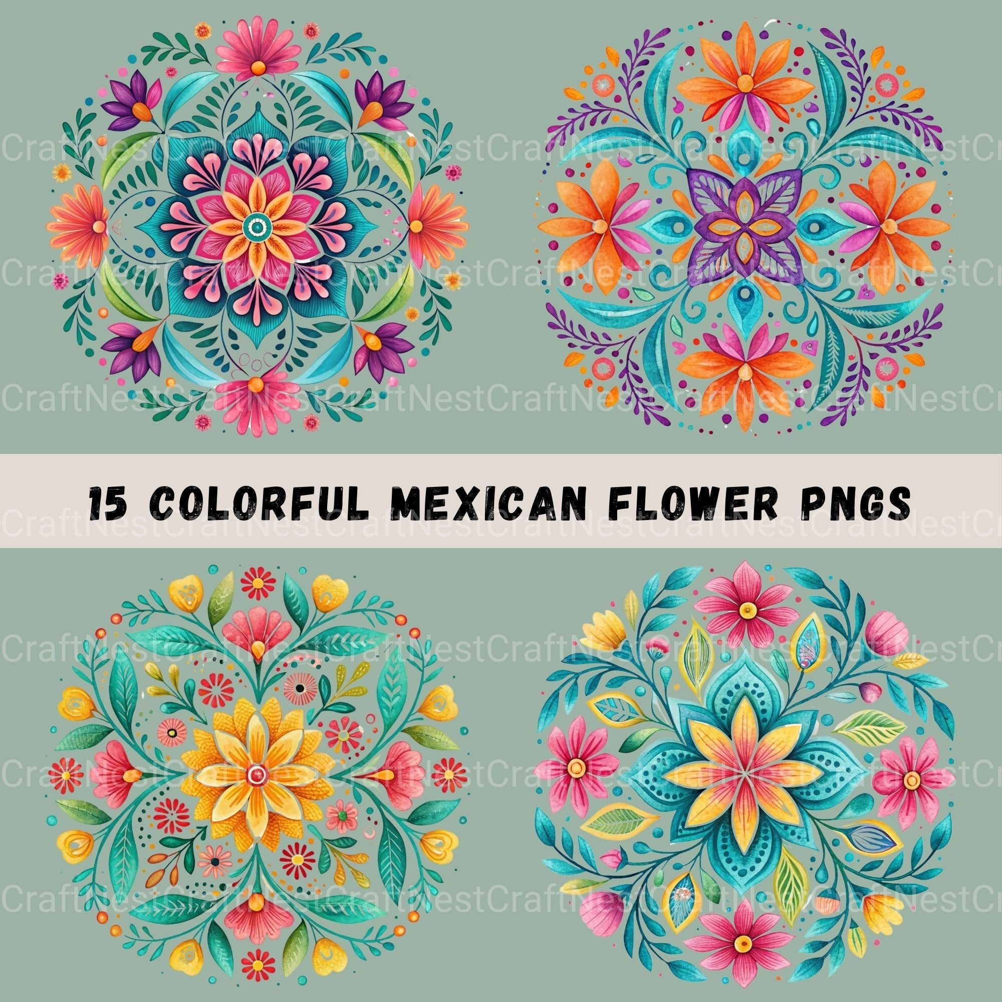 Fiesta Flowers Circle Clipart Bundle