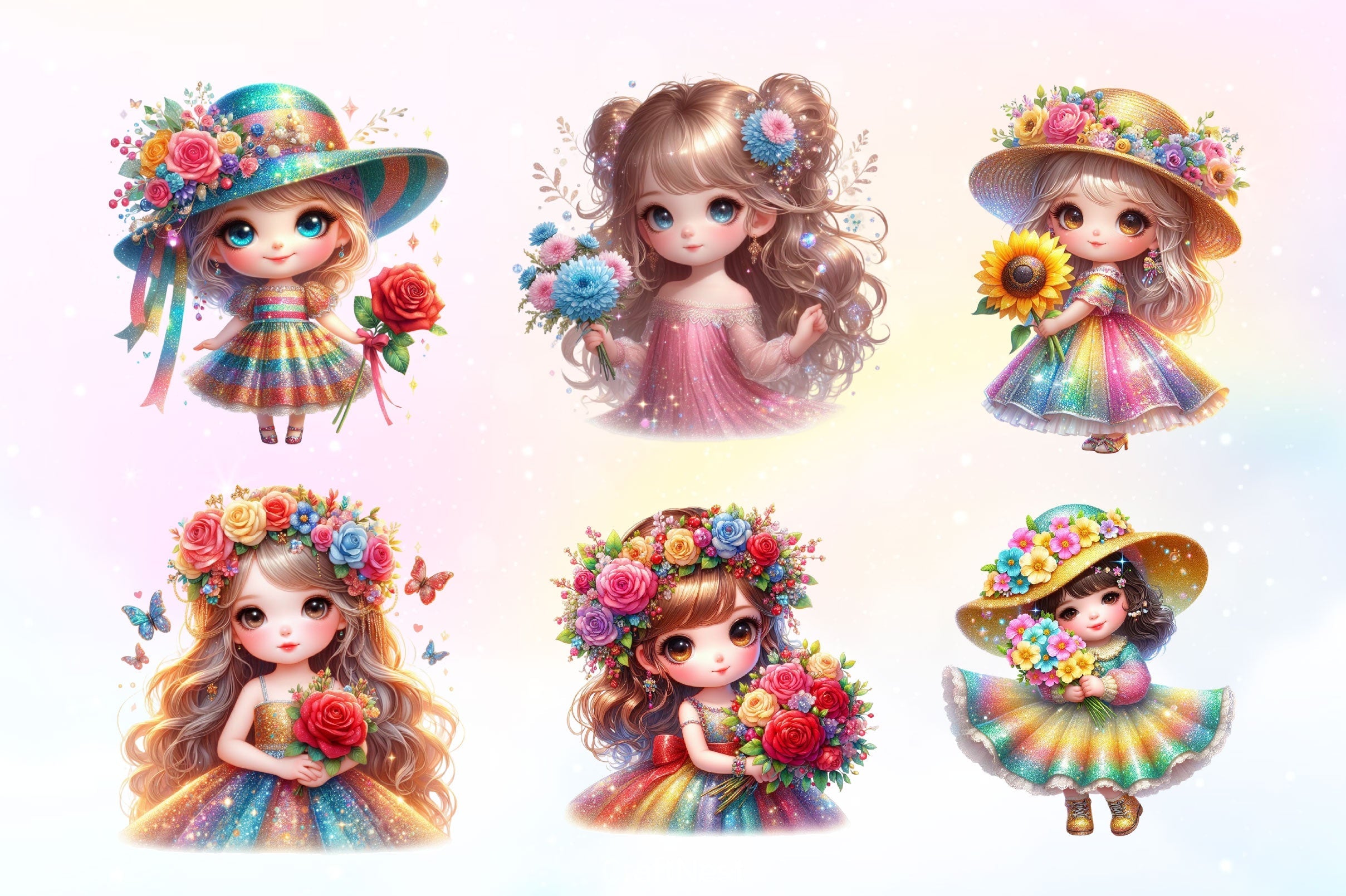 Cute Girl With Flower Clipart Bundle