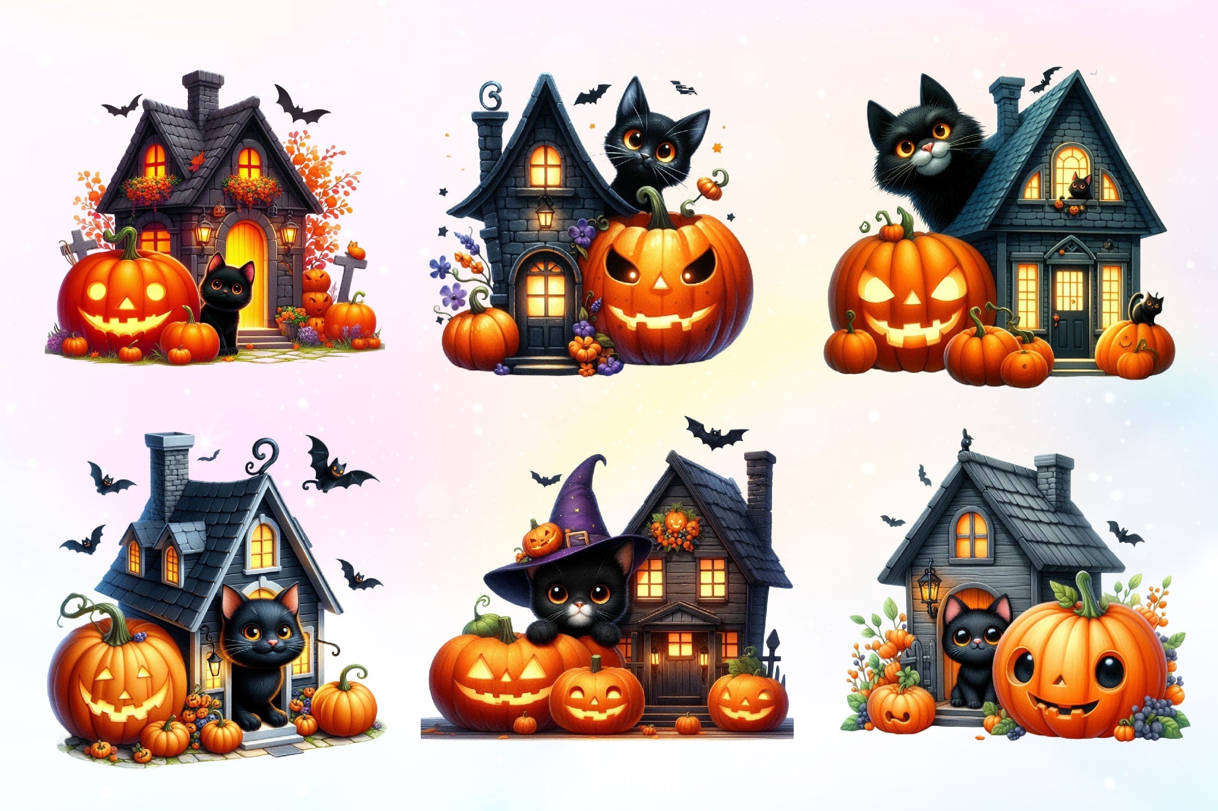 Halloween Black Cat With House Clipart Bundle