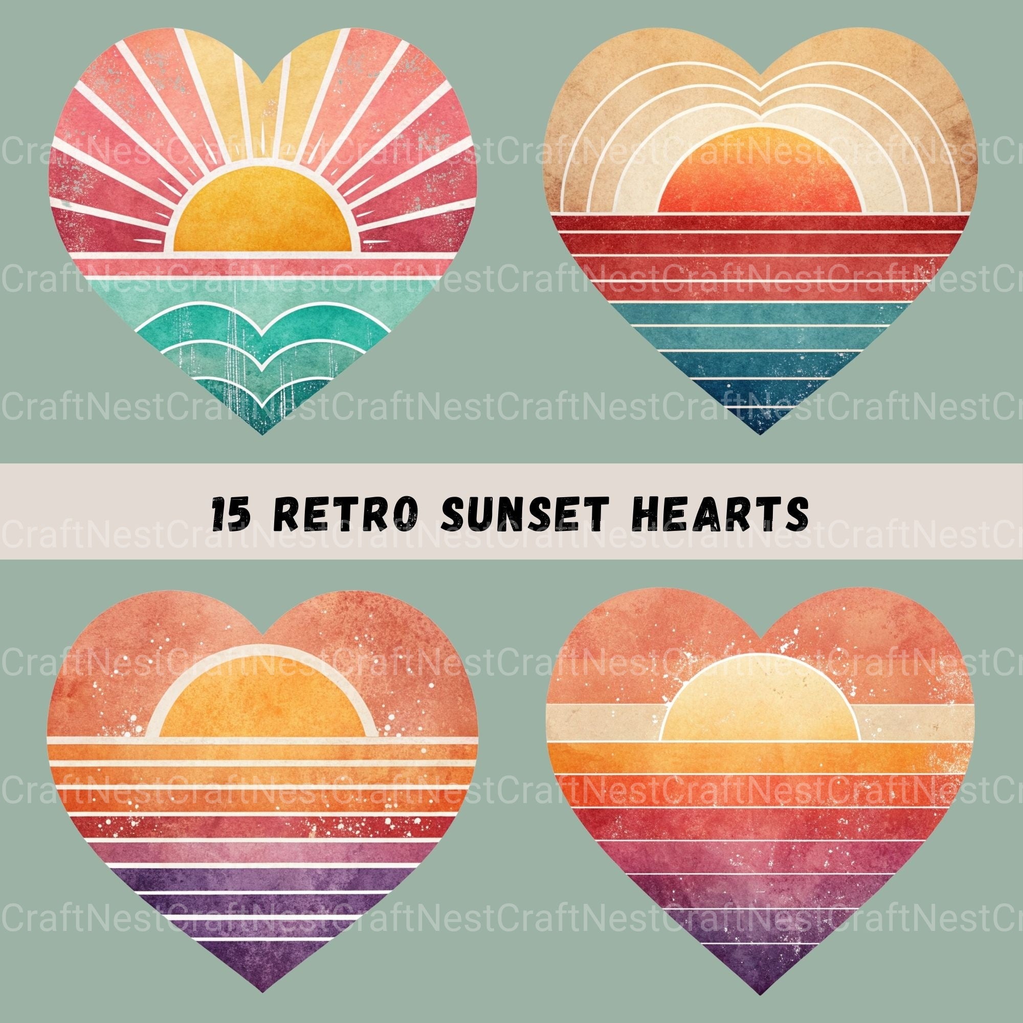 Retro Sunset Hearts Clipart Bundle