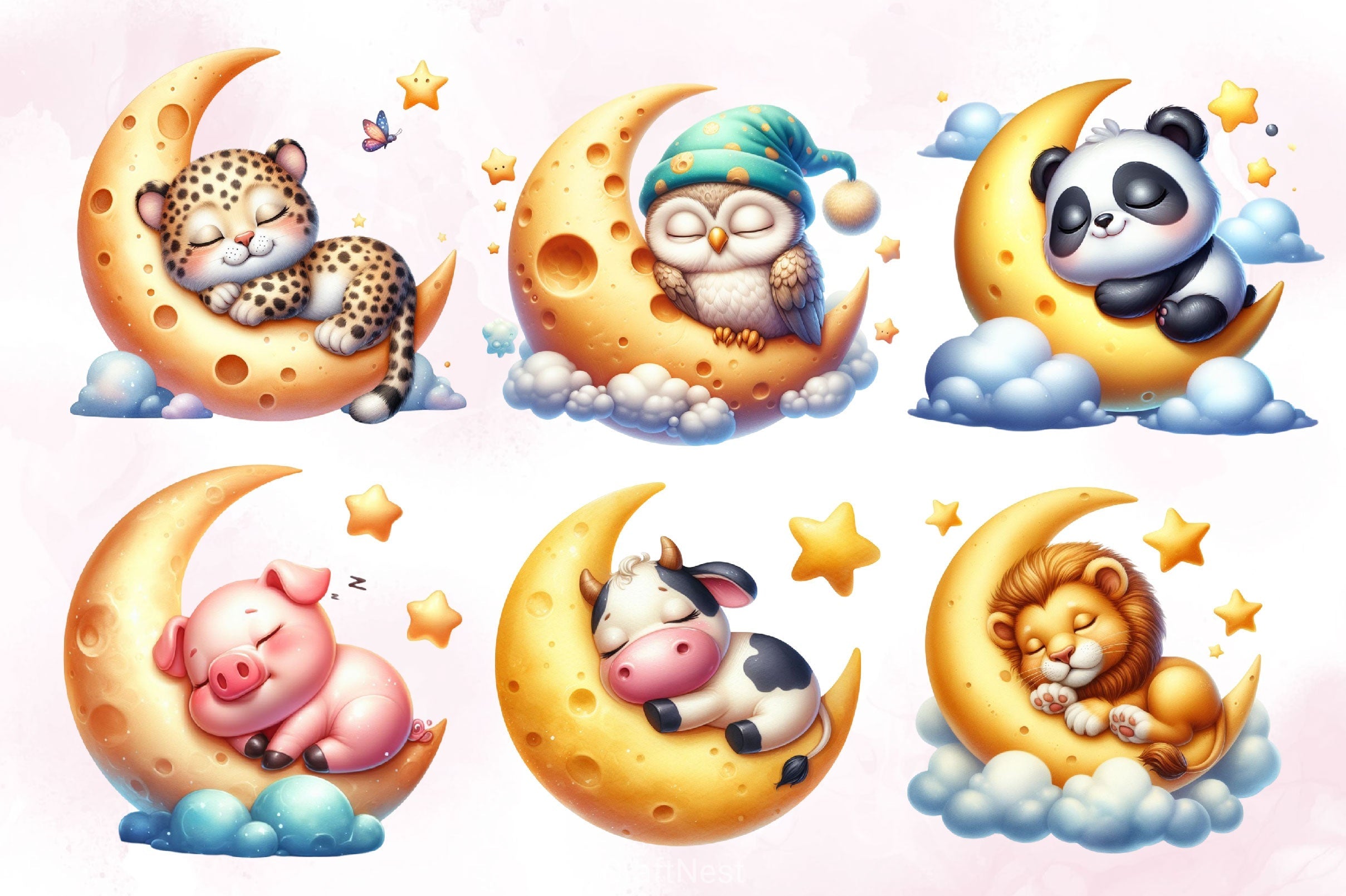 Cute Animals Sleep On Moon Clipart Bundle 2