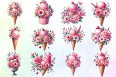 Pink Floral Ice Cream Clipart Bundle 1 - CraftNest - Digital Crafting and Art