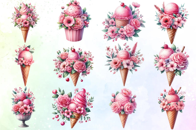 Pink Floral Ice Cream Clipart Bundle 1 - CraftNest - Digital Crafting and Art