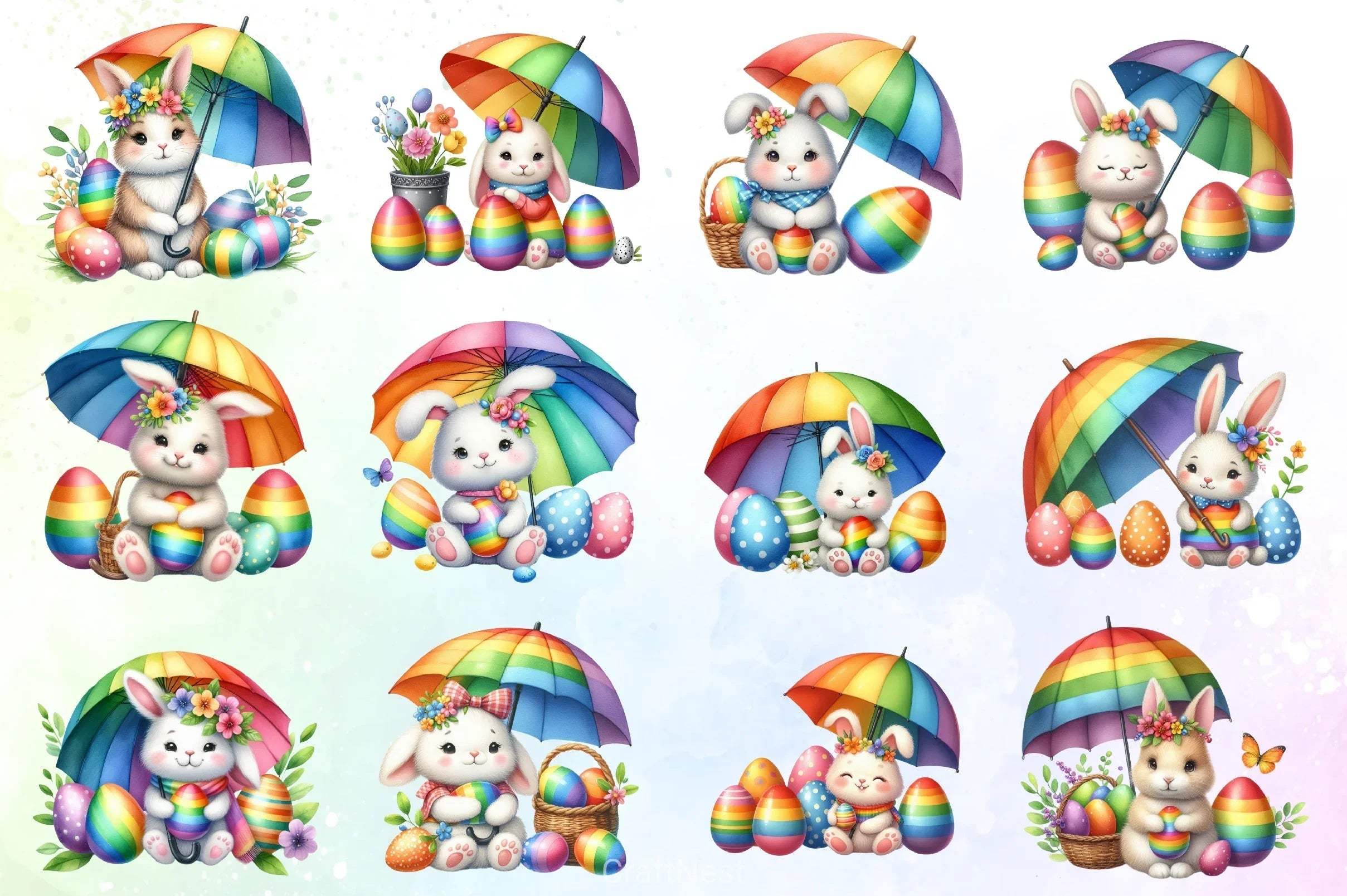 Easter Bunny Rainbow Umbrella Clipart Bundle - CraftNest - Digital Crafting and Art