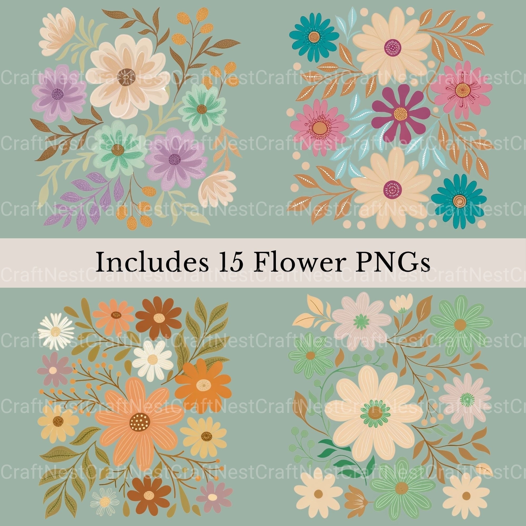 Abstract Boho Flowers Clipart Bundle