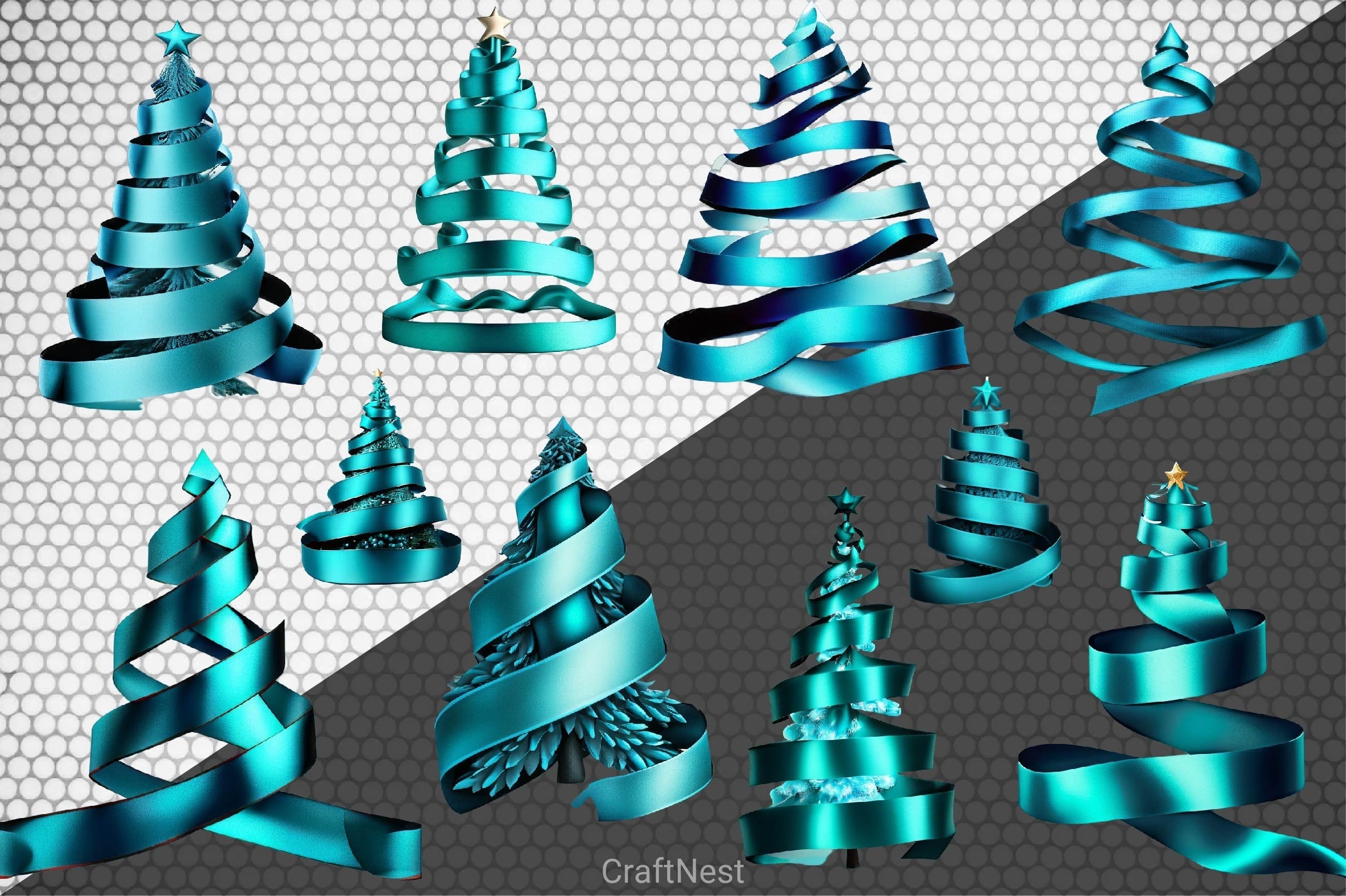 Blue Teal Ribbon Christmas Tree Clipart Bundle