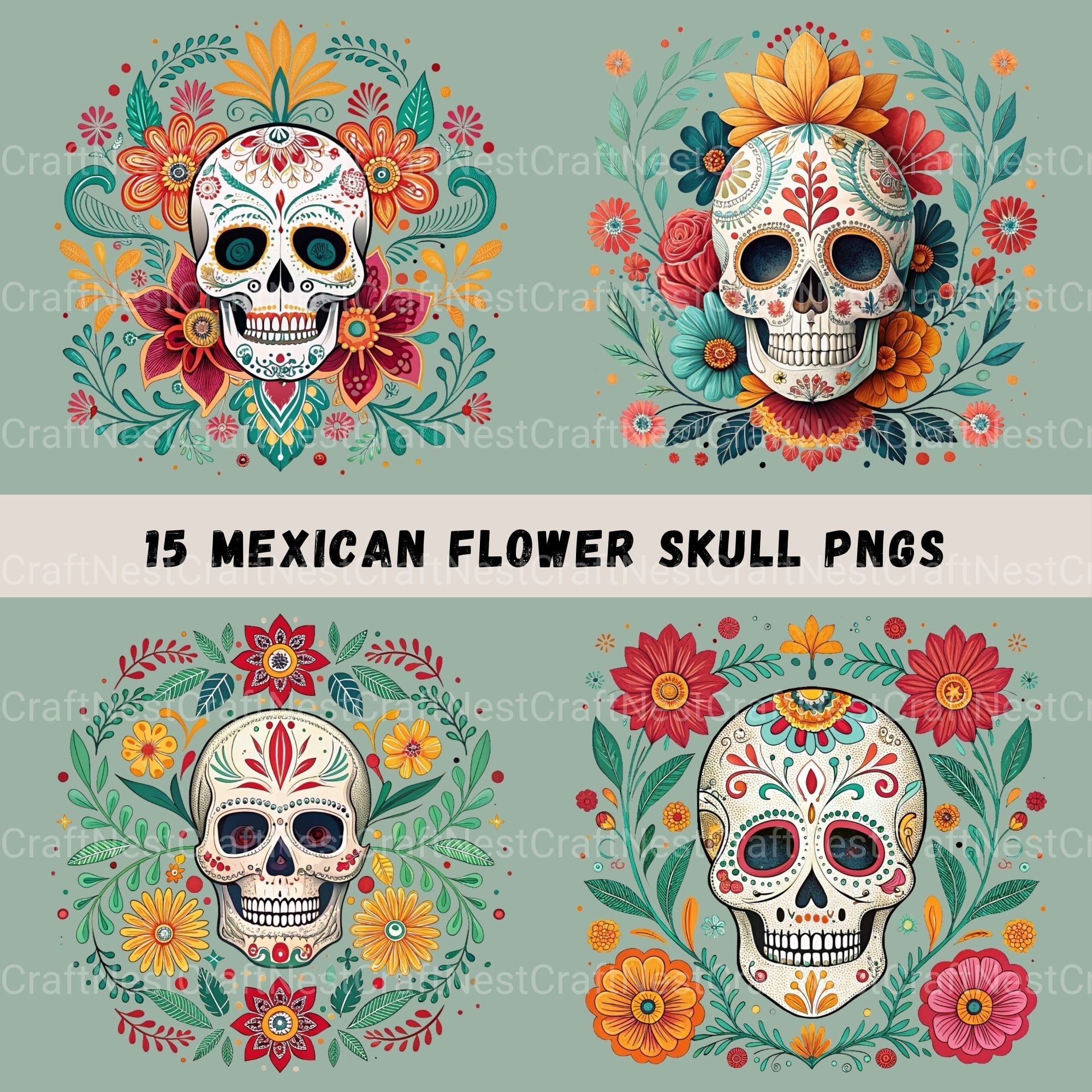 Mexican Floral Skulls Clipart Bundle