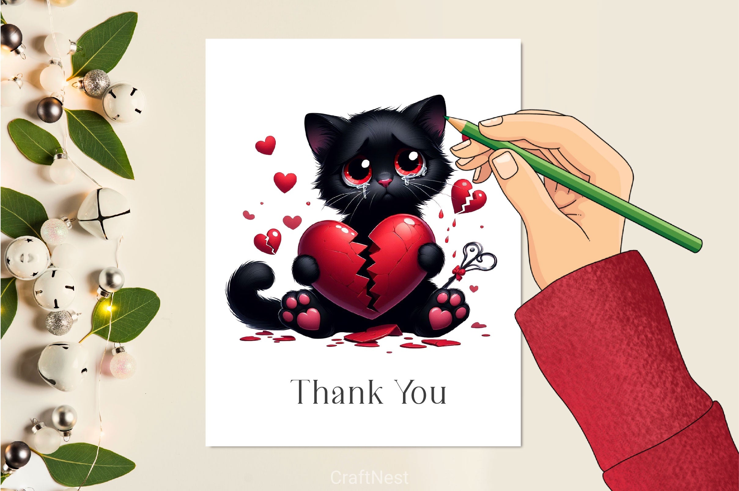 Valentine Heart Broken Black Cat Clipart Bundle