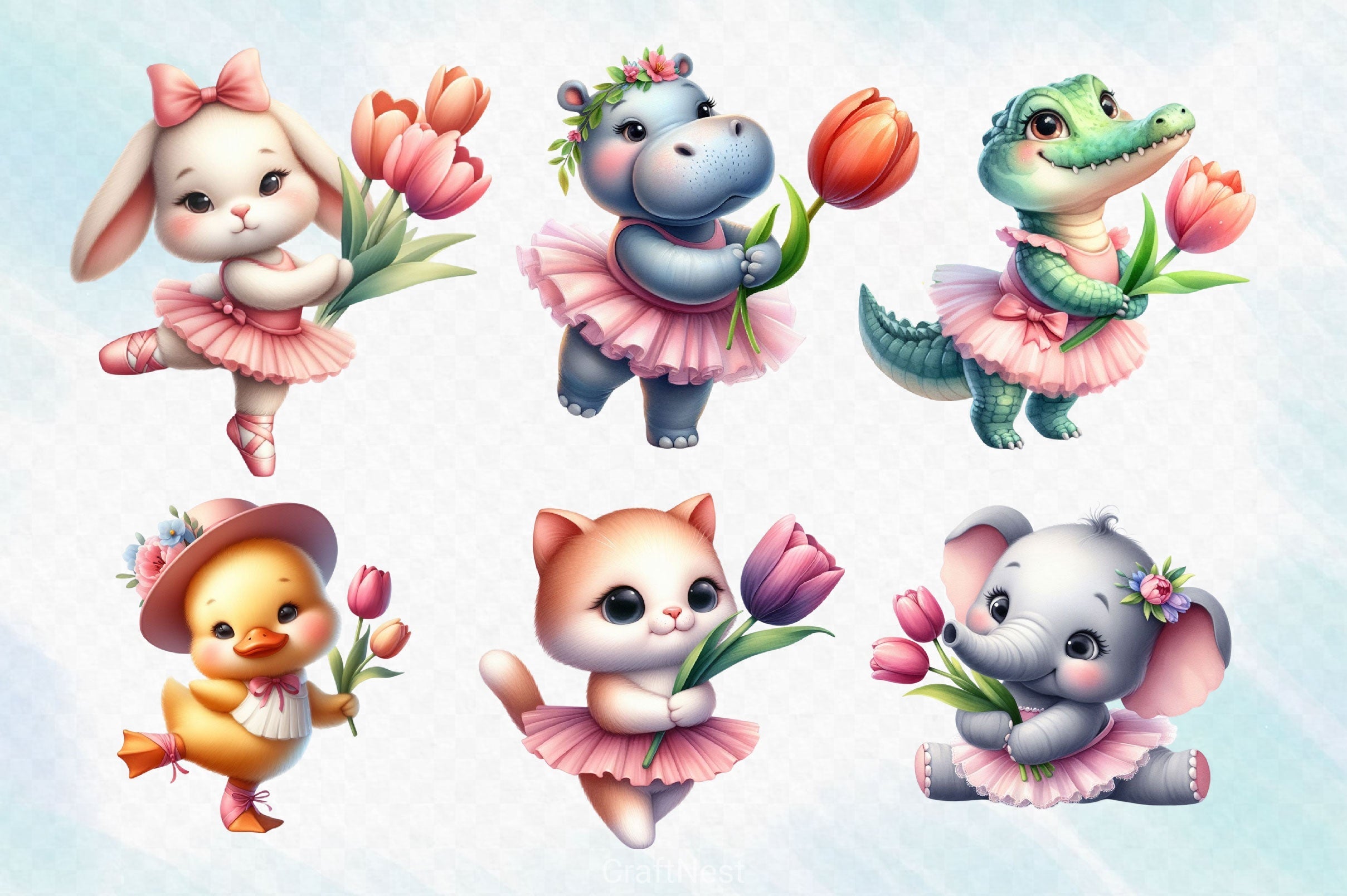Cute Animals And Tulip Flower Clipart Bundle 4