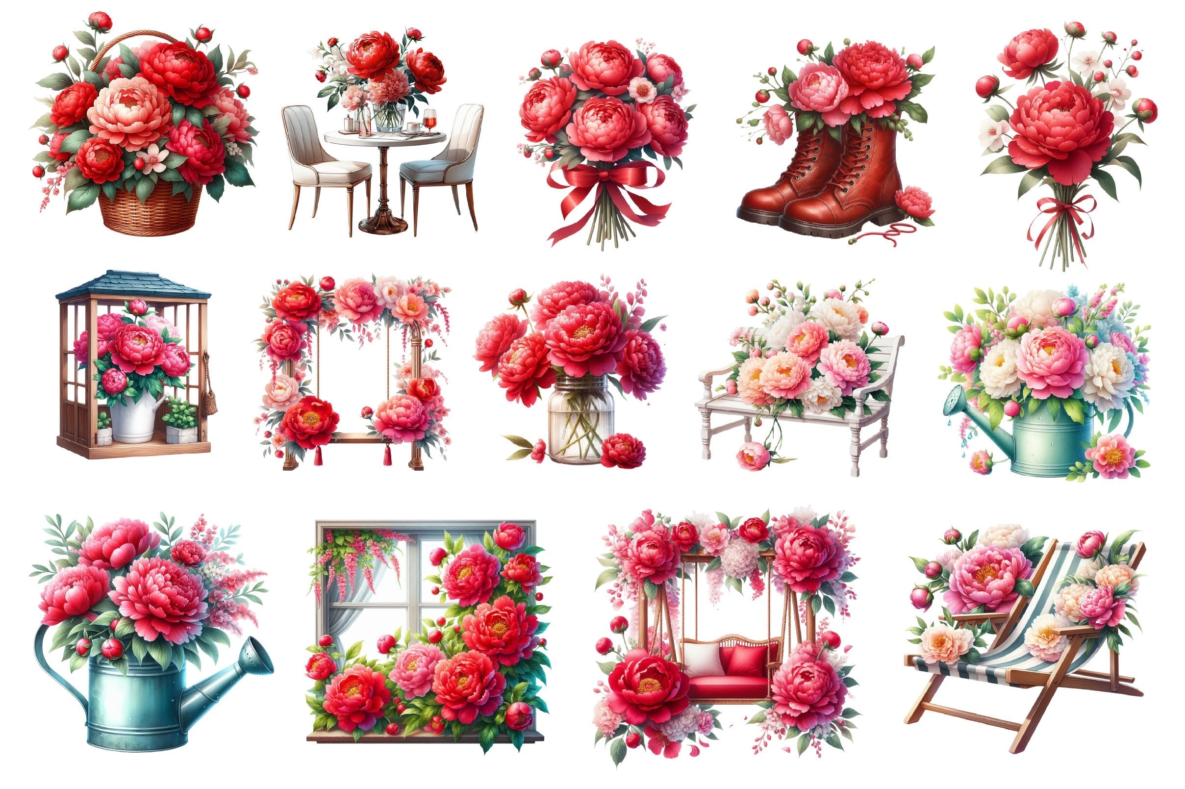 Summer Peonies Flowers Clipart Bundle