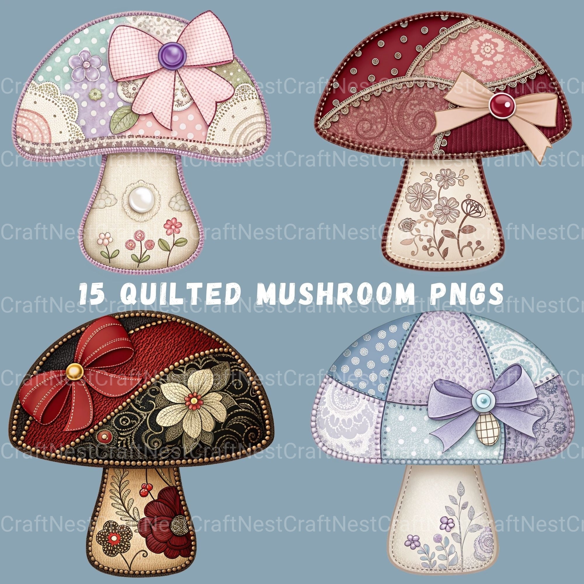 Quilted Mushrooms Clipart Bundle