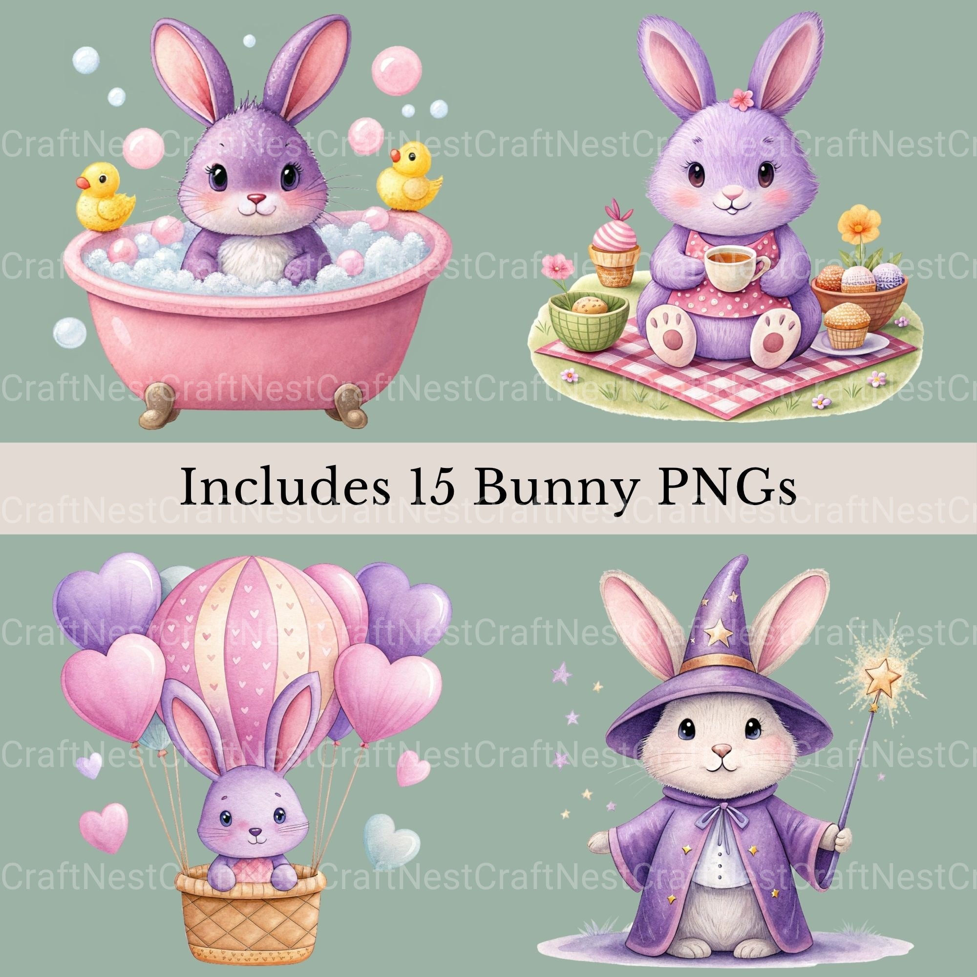 Purple Bunnies Clipart Bundle