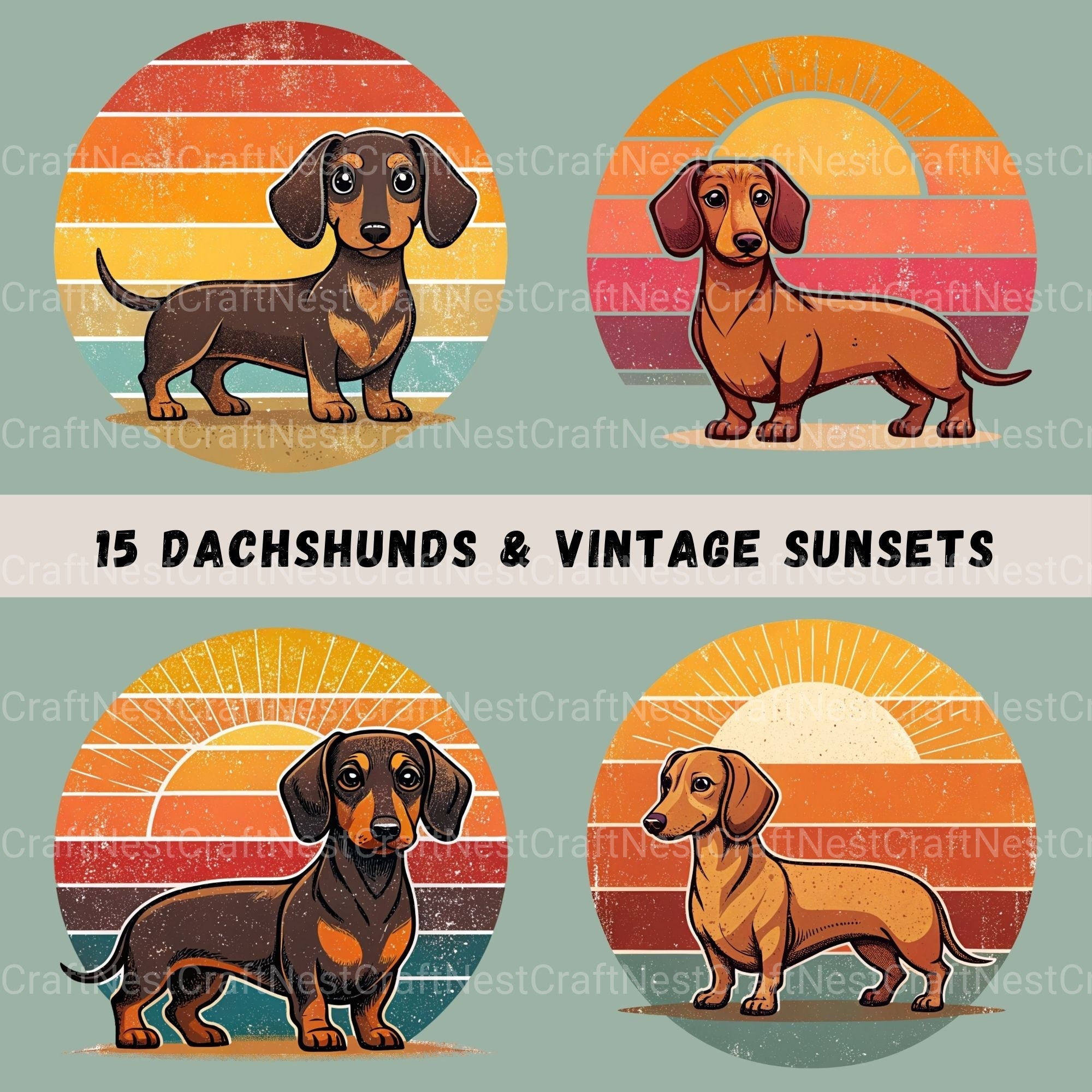 Dachshund Retro Sunset Clipart Bundle