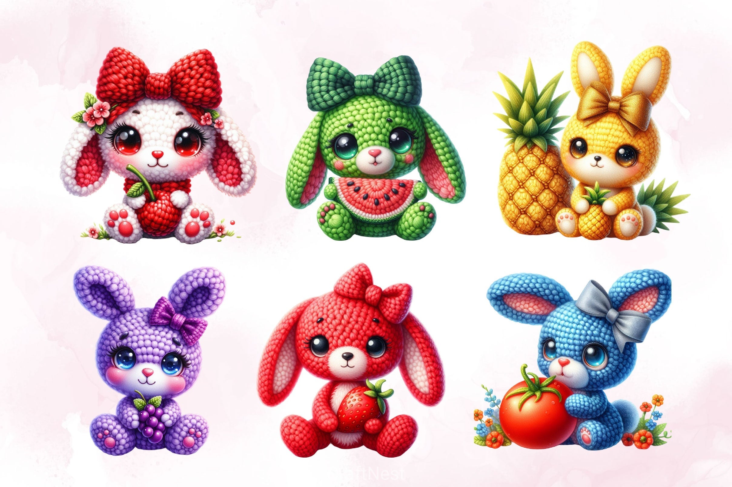 Crochet Bunny With Fruits Clipart Bundle 2