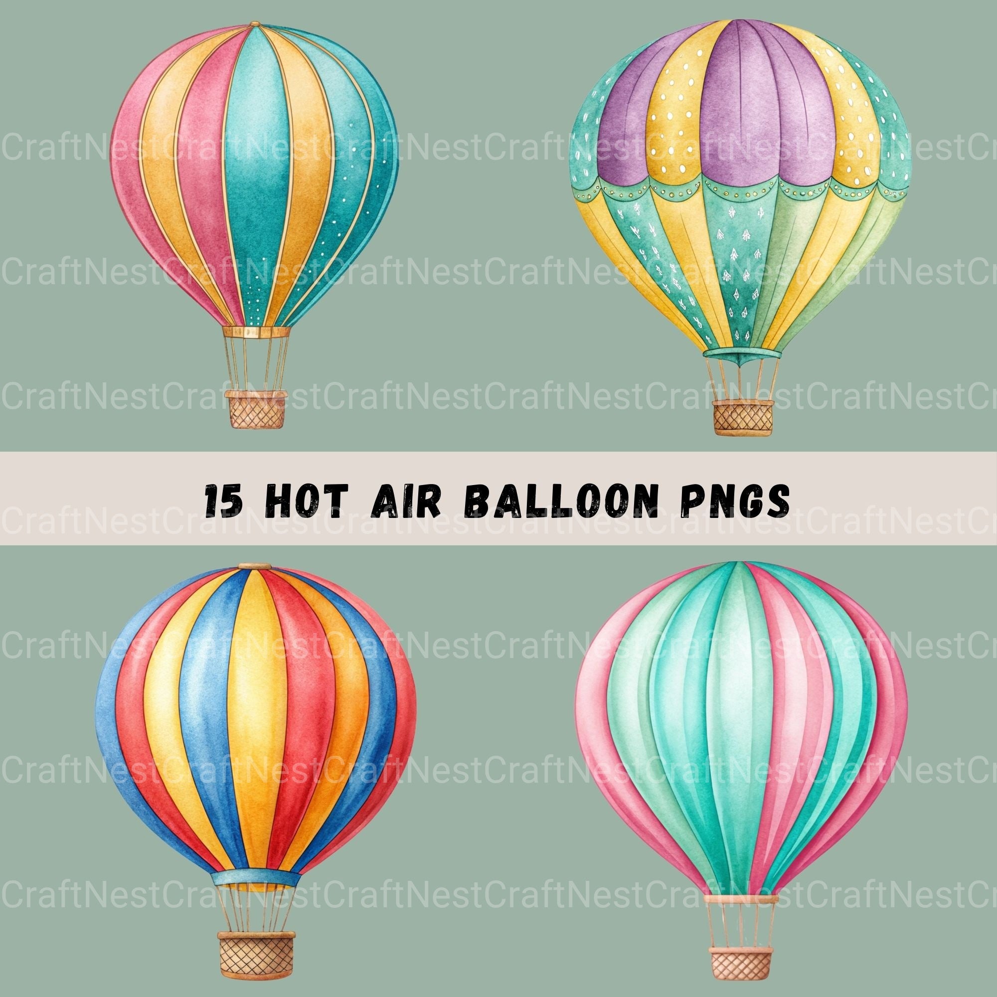 Hot Air Balloons Colorful Clipart Bundle