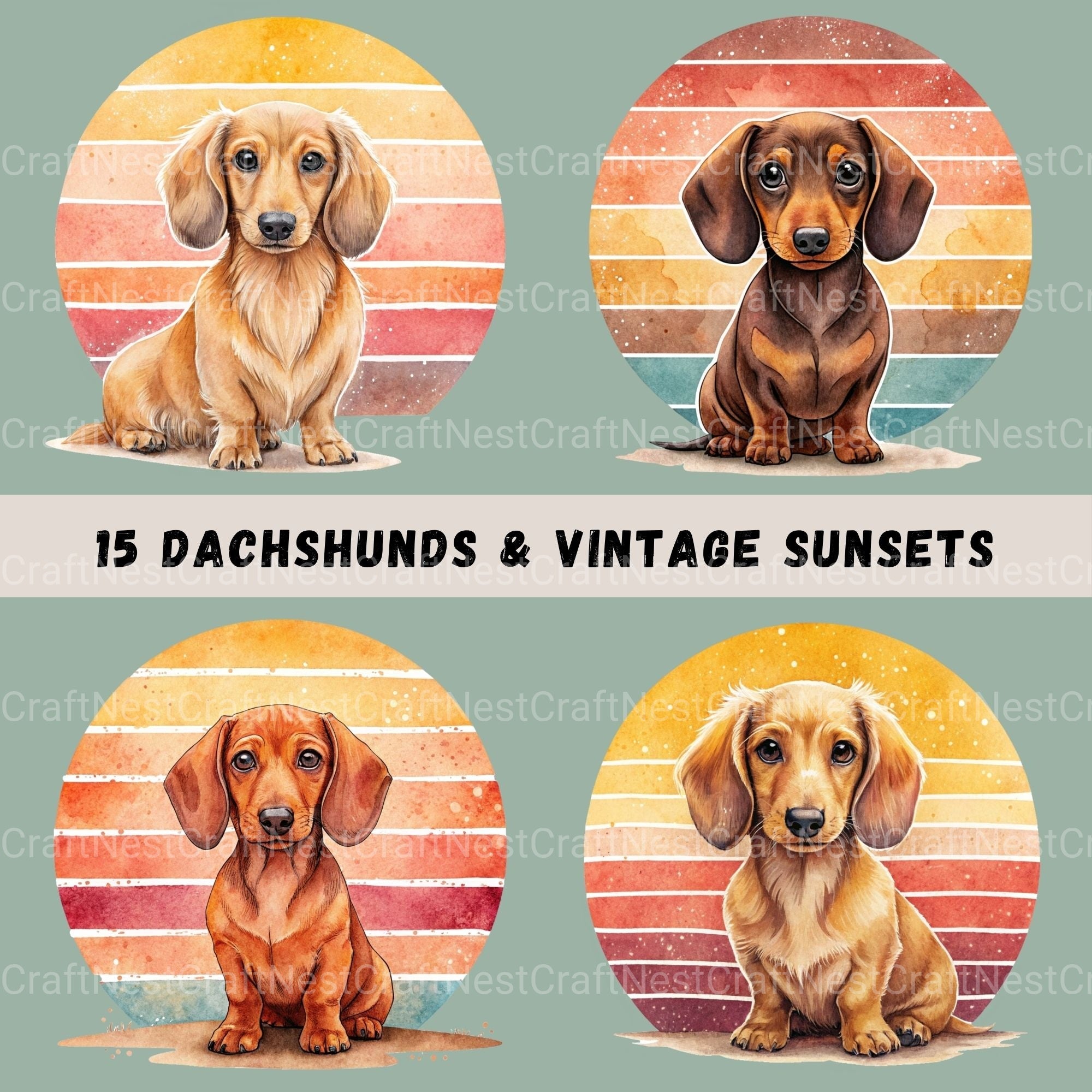 Dachshunds Vintage Sunset Clipart Bundle