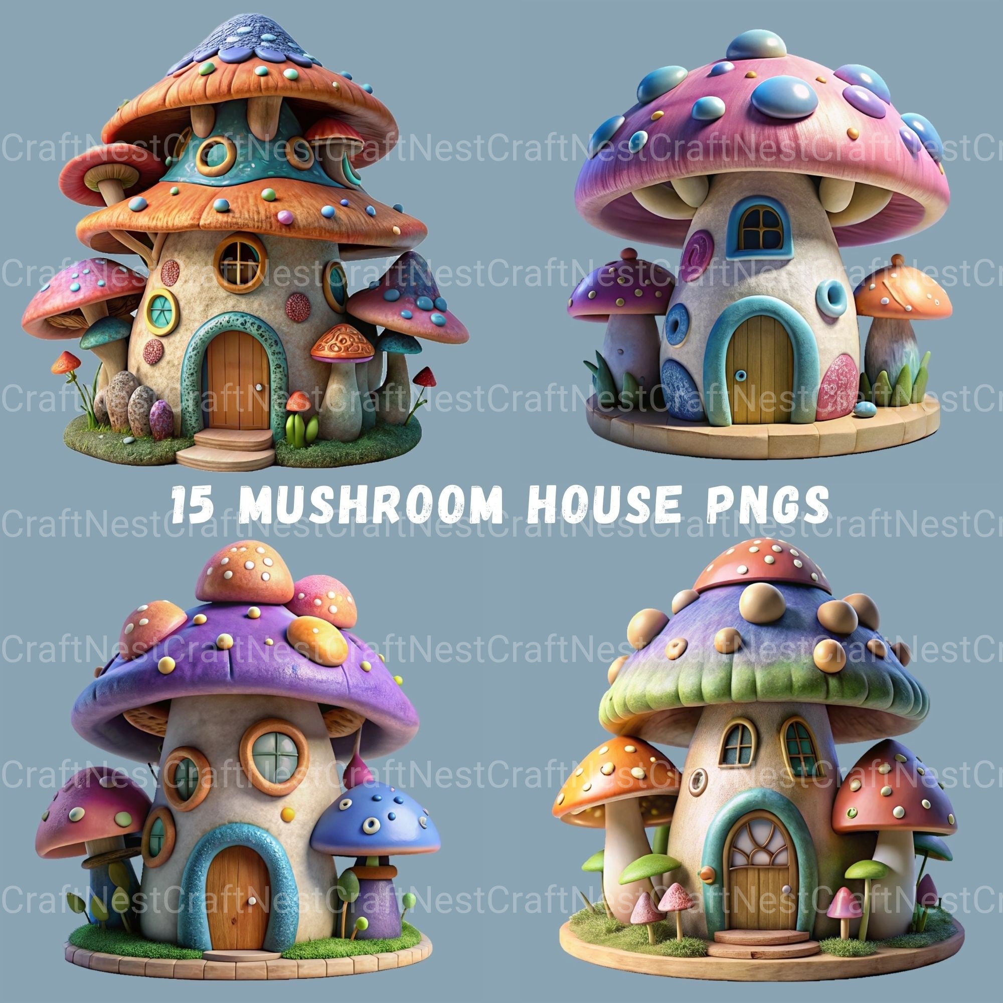 3D Mushroom Houses Clipart Bundle