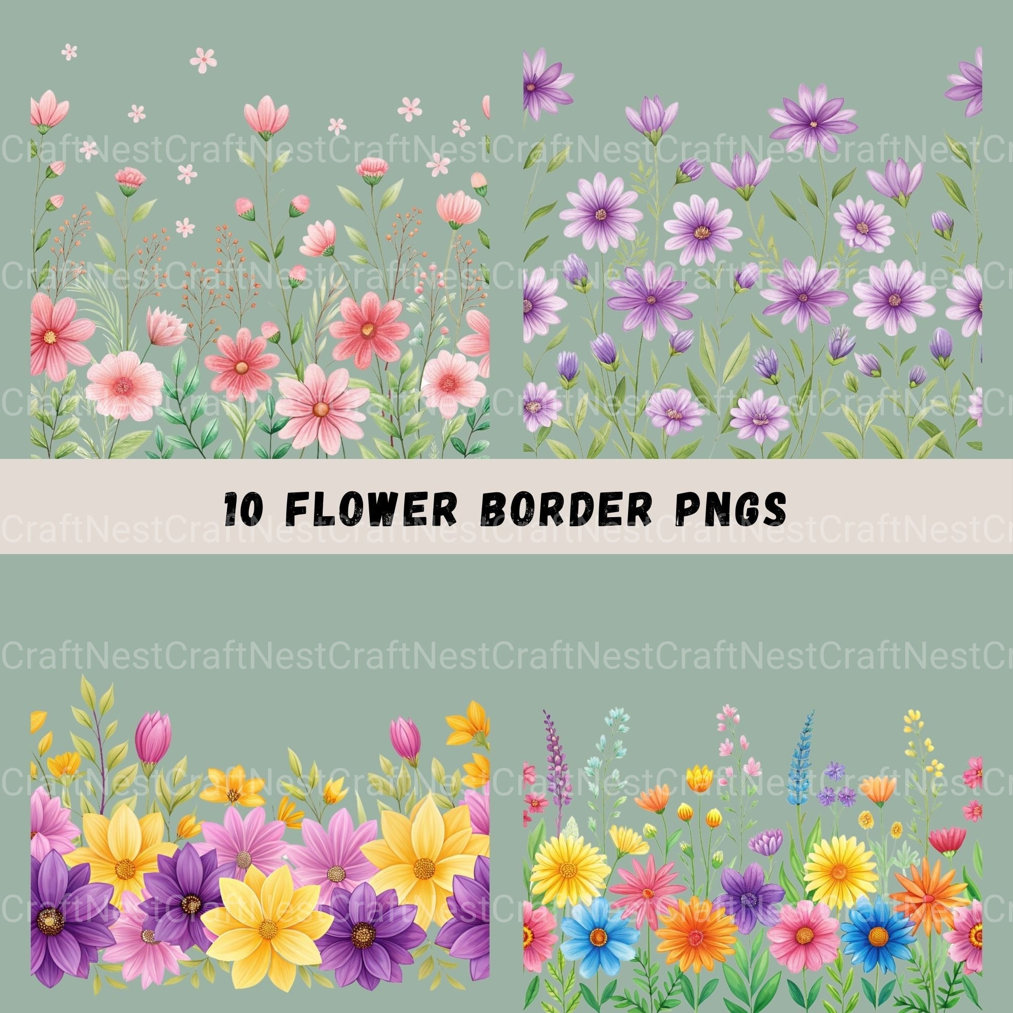 Seamless Flower Border Clipart Bundle