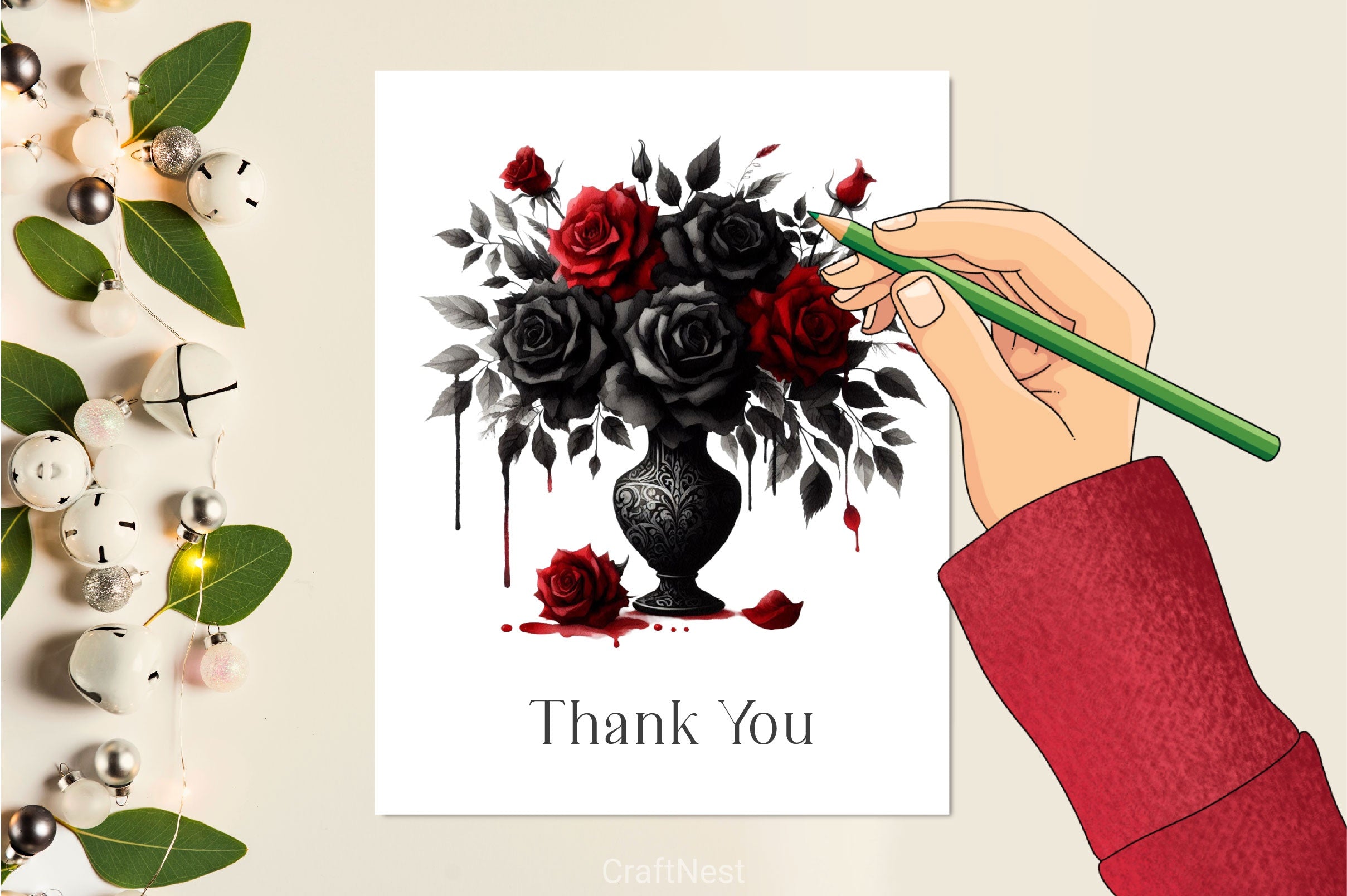 Gothic Roses In Vase Clipart Bundle