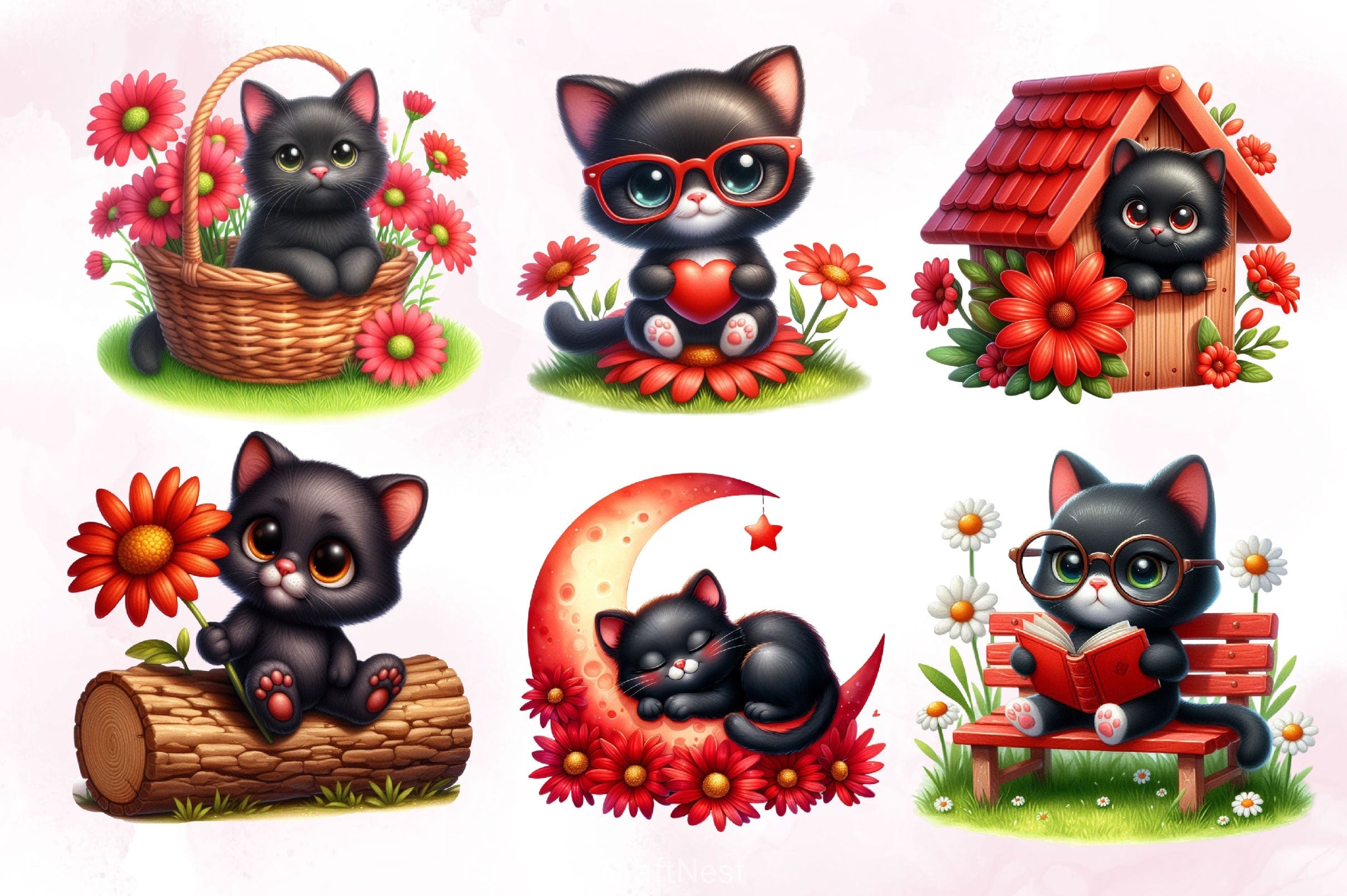 Cute Black Cat Clipart Bundle