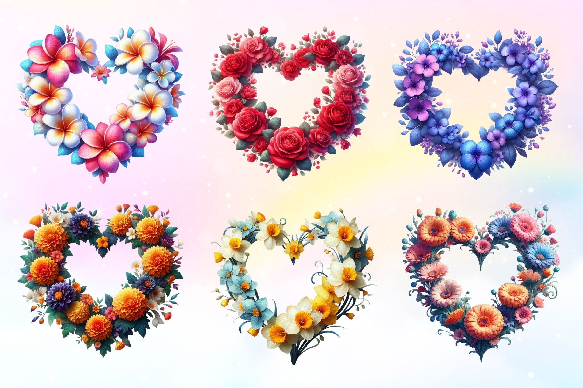 Floral Heart Wreath Clipart Bundle