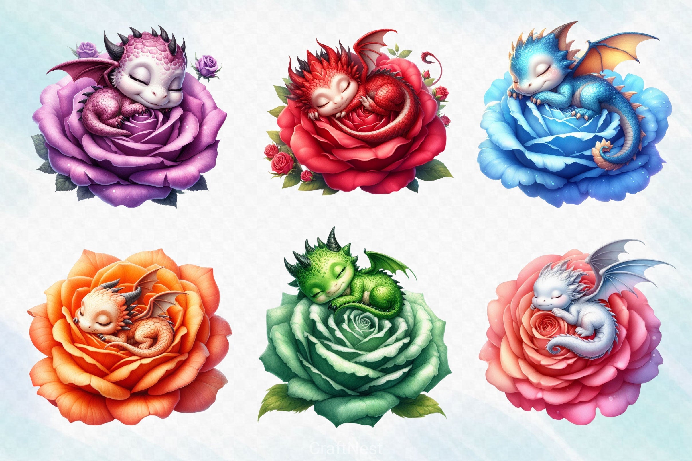 Baby Dragons In Flowers Clipart Bundle 2