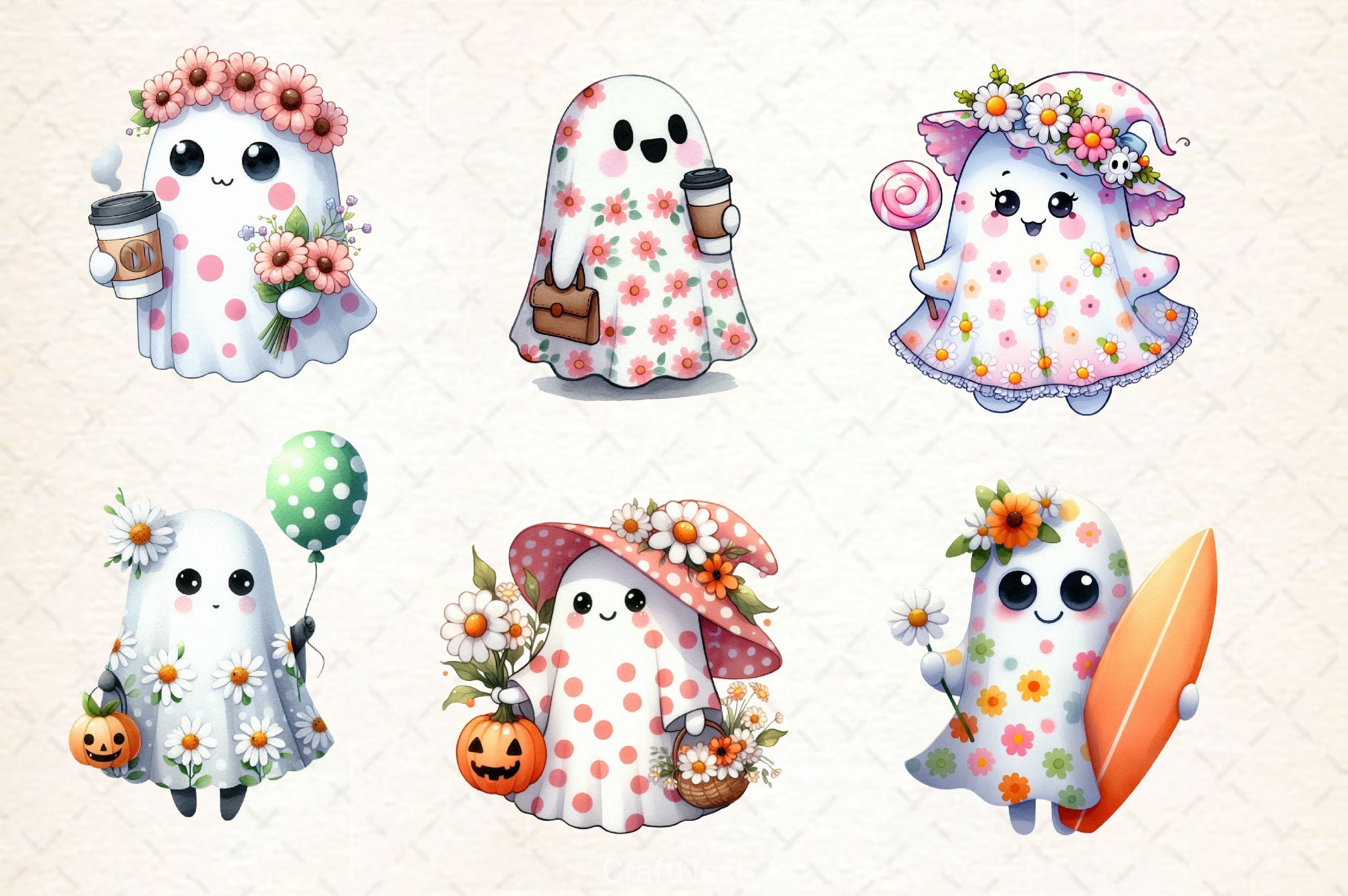 Halloween Floral Ghost Clipart Bundle 2