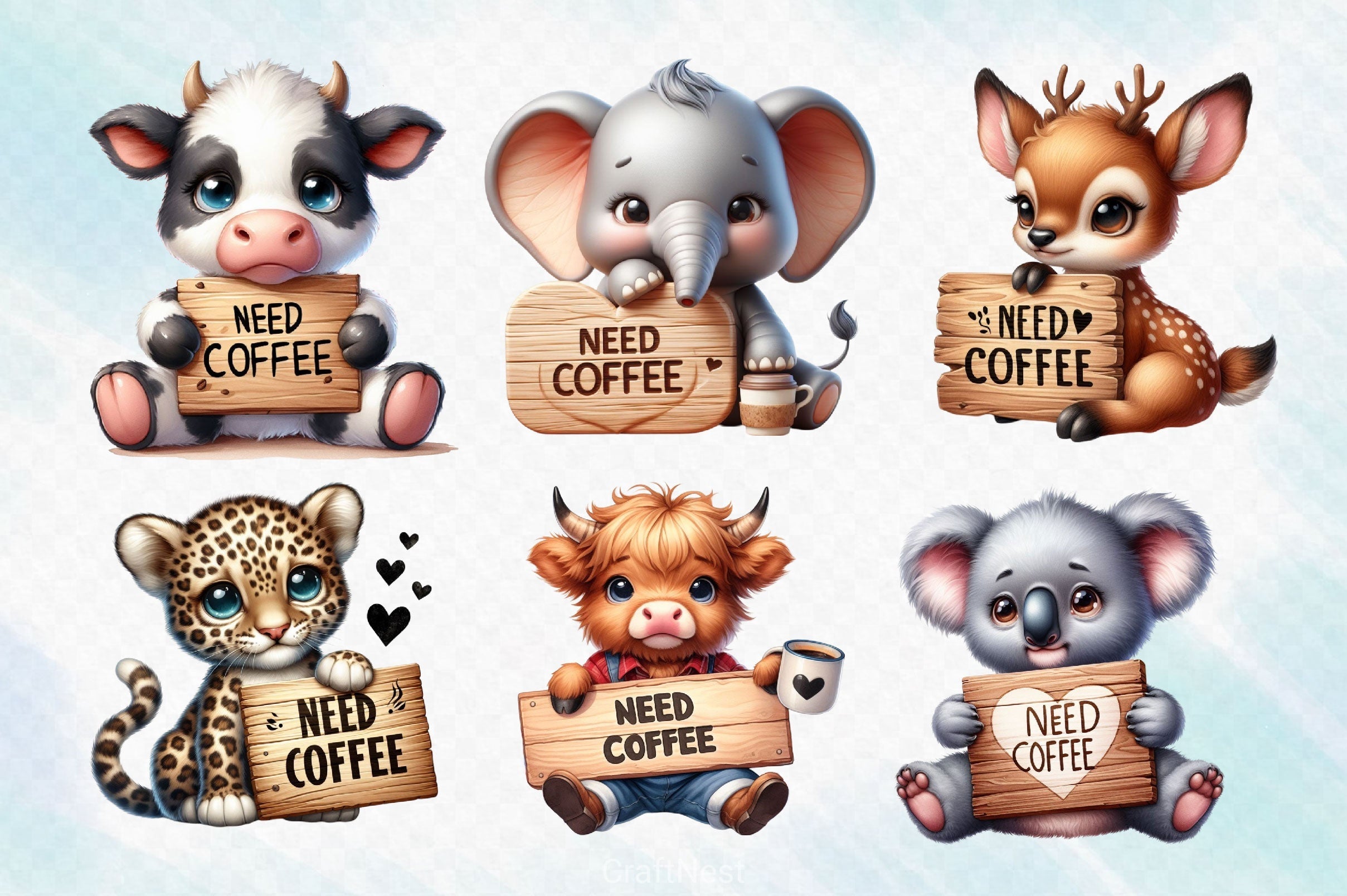 Cute Tired Animals Love Coffee Clipart Bundle