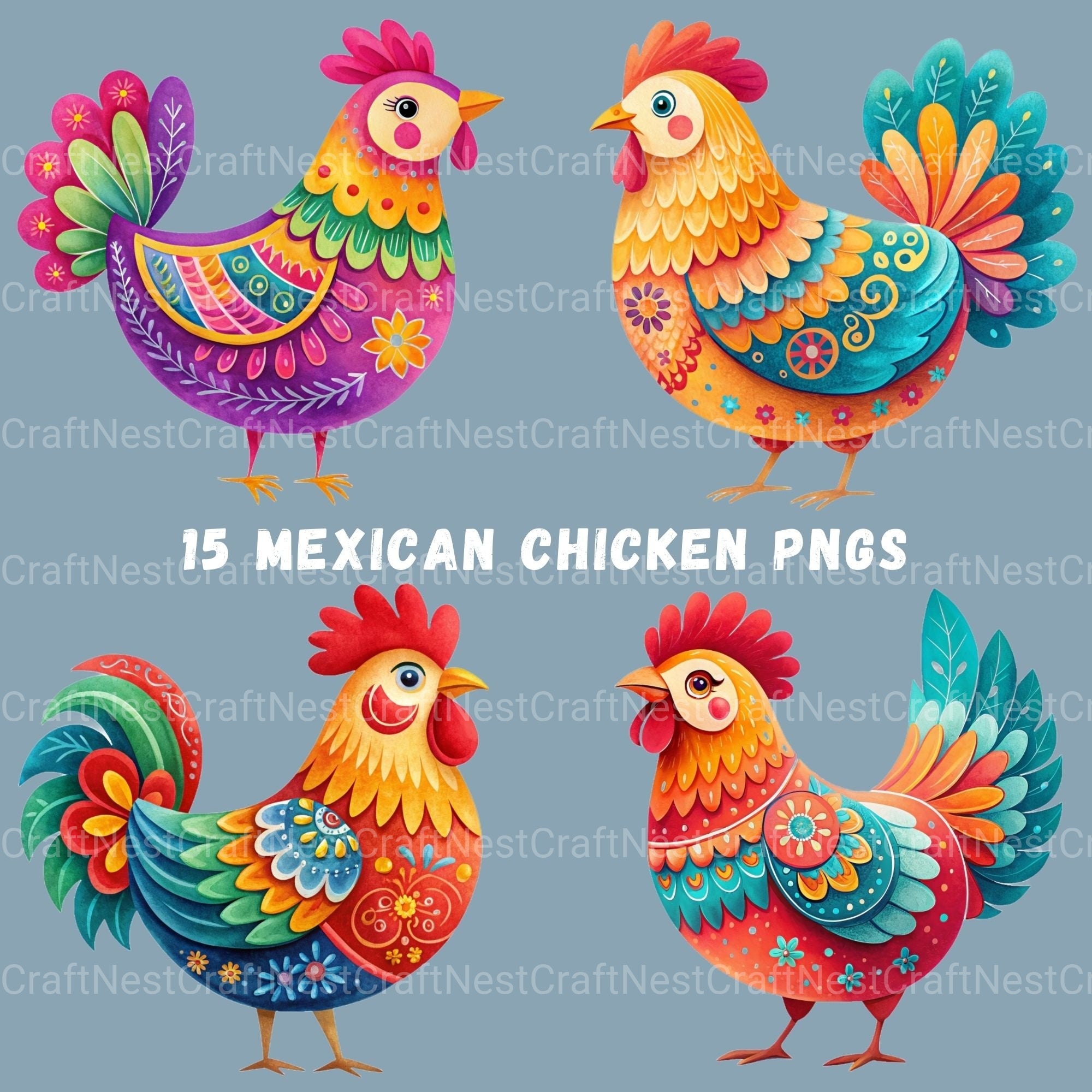 Mexico Inspired Chickens Clipart Bundle