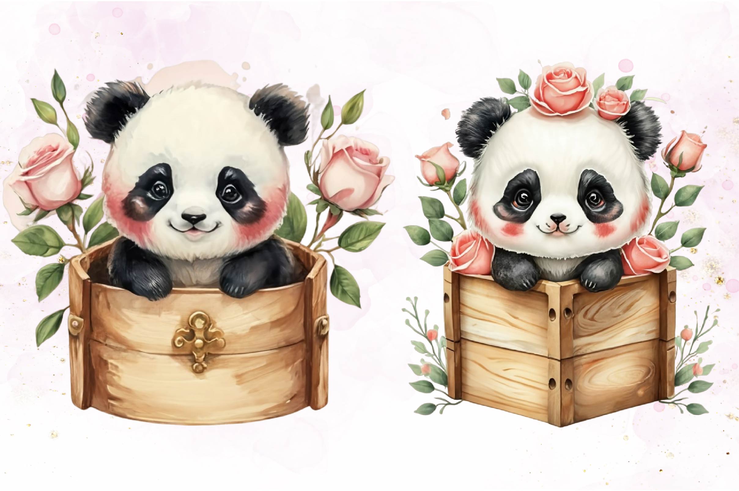 Panda In A Wooden Box Clipart Bundle