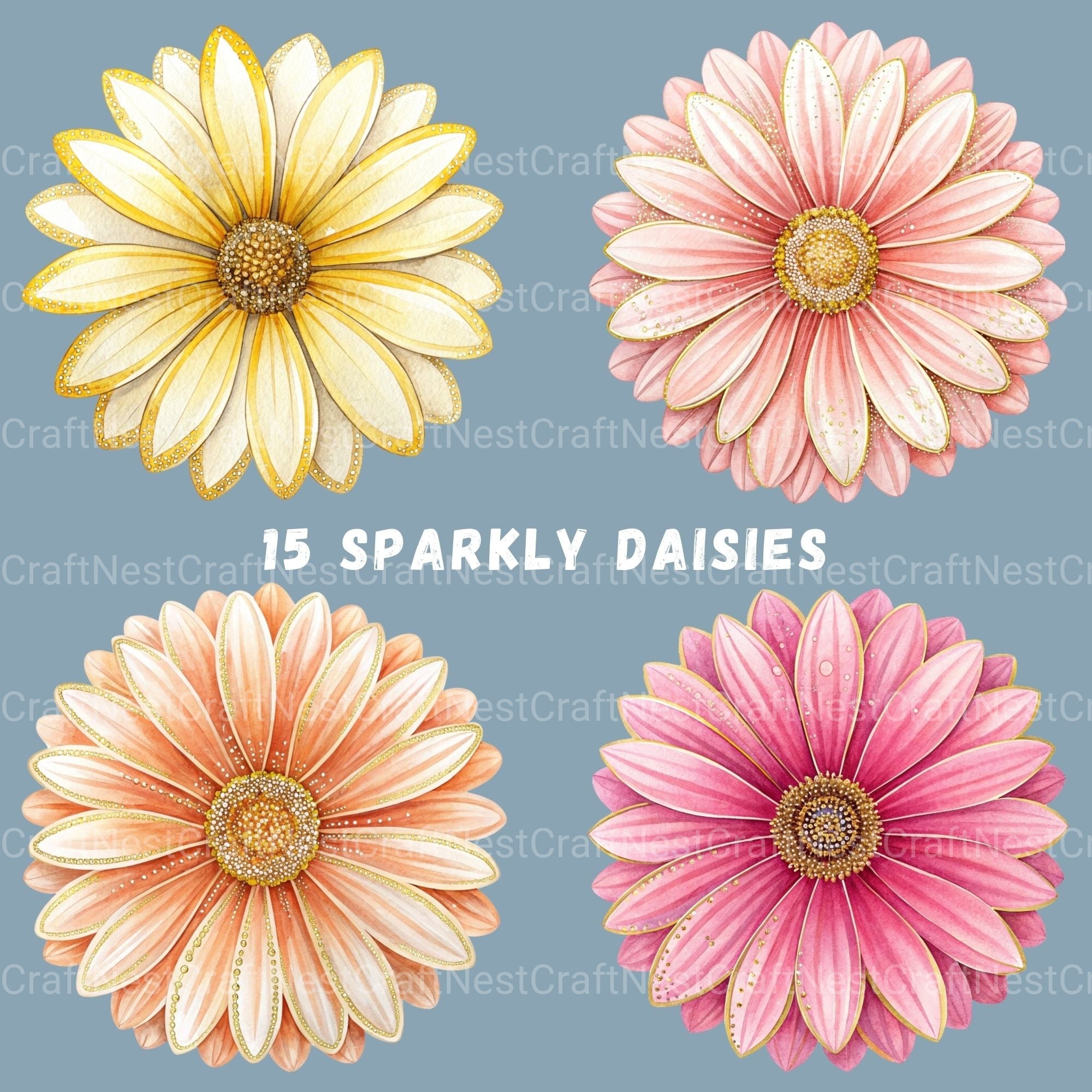 Daisies Glitter Clipart Bundle