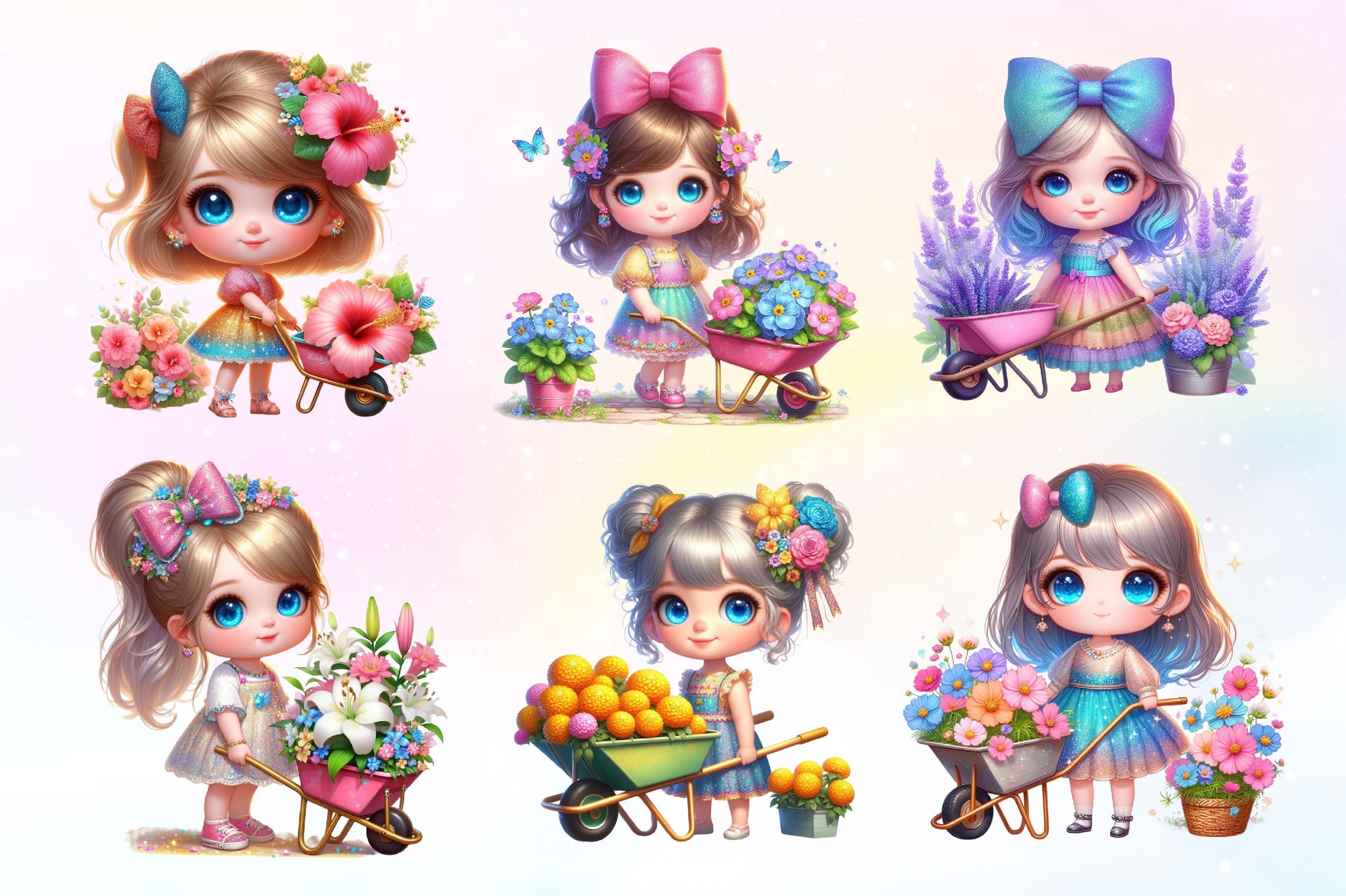 Little Cute Girl And Flowers Clipart Bundle 2