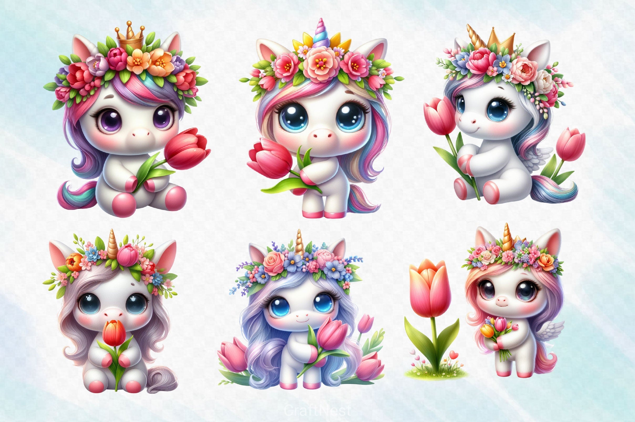 Cute Unicorns With Tulip Flowers Clipart Bundle