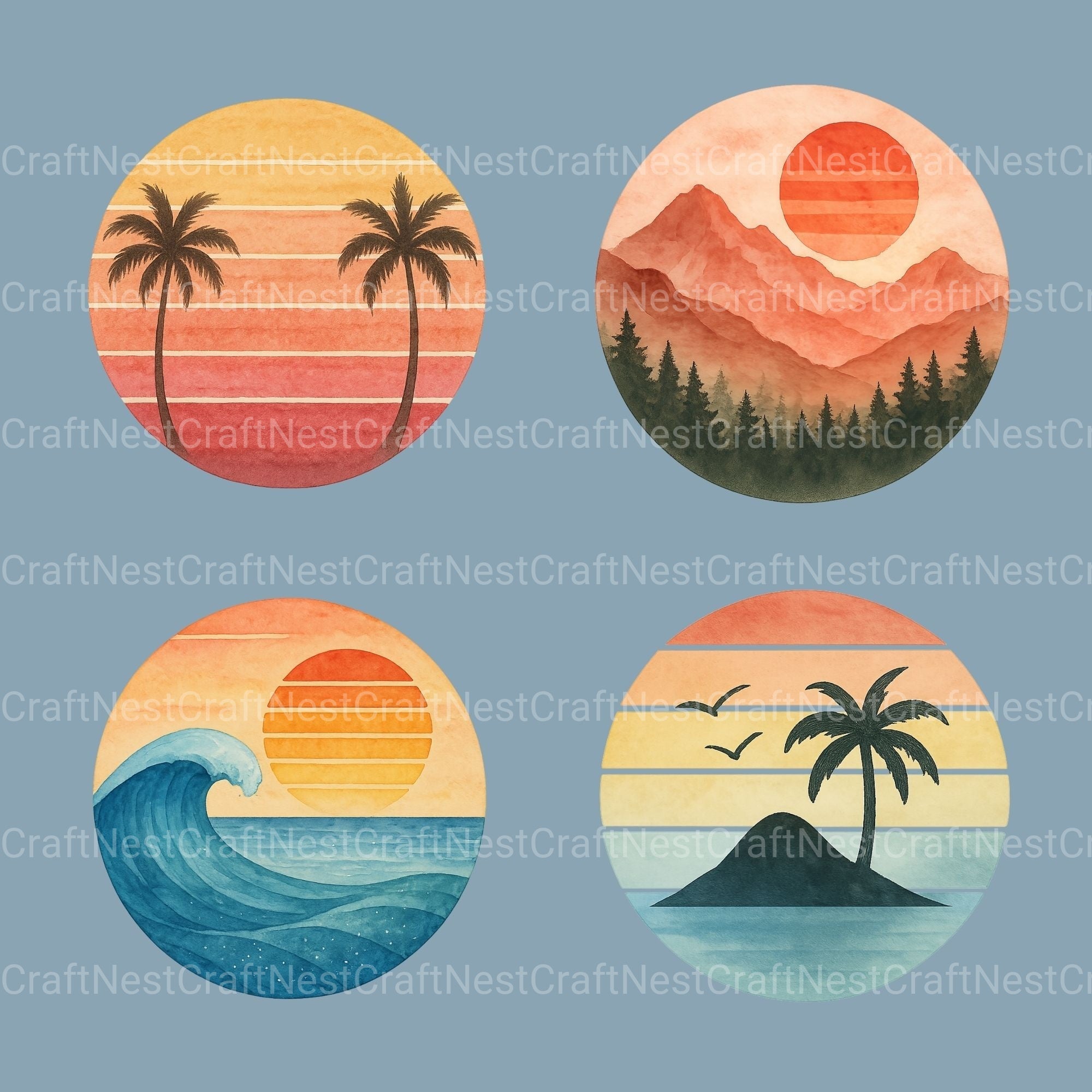 Retro Sunset Scenes Clipart Bundle