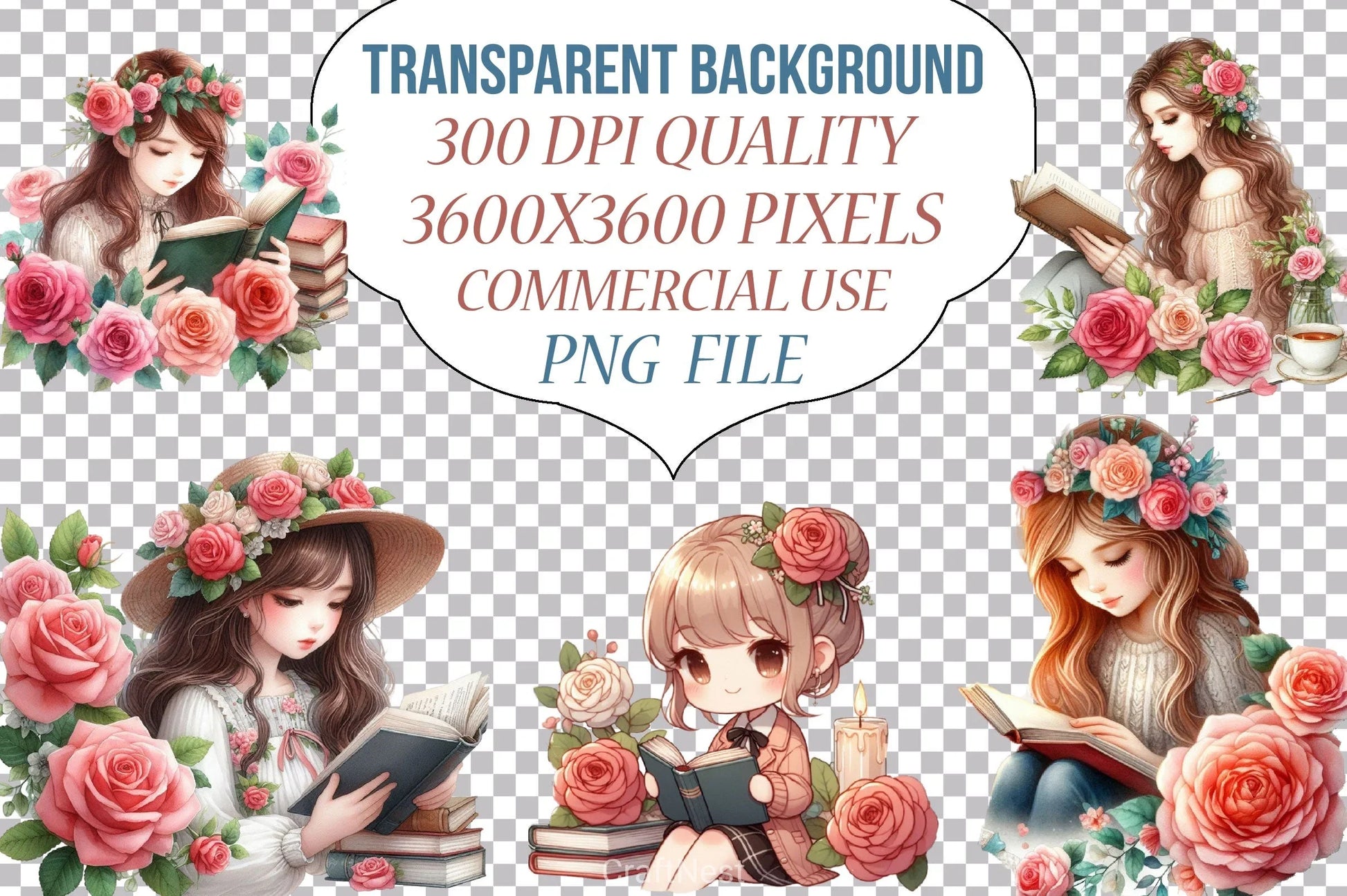 Beautiful Girl Reading Clipart Bundle - CraftNest - Digital Crafting and Art