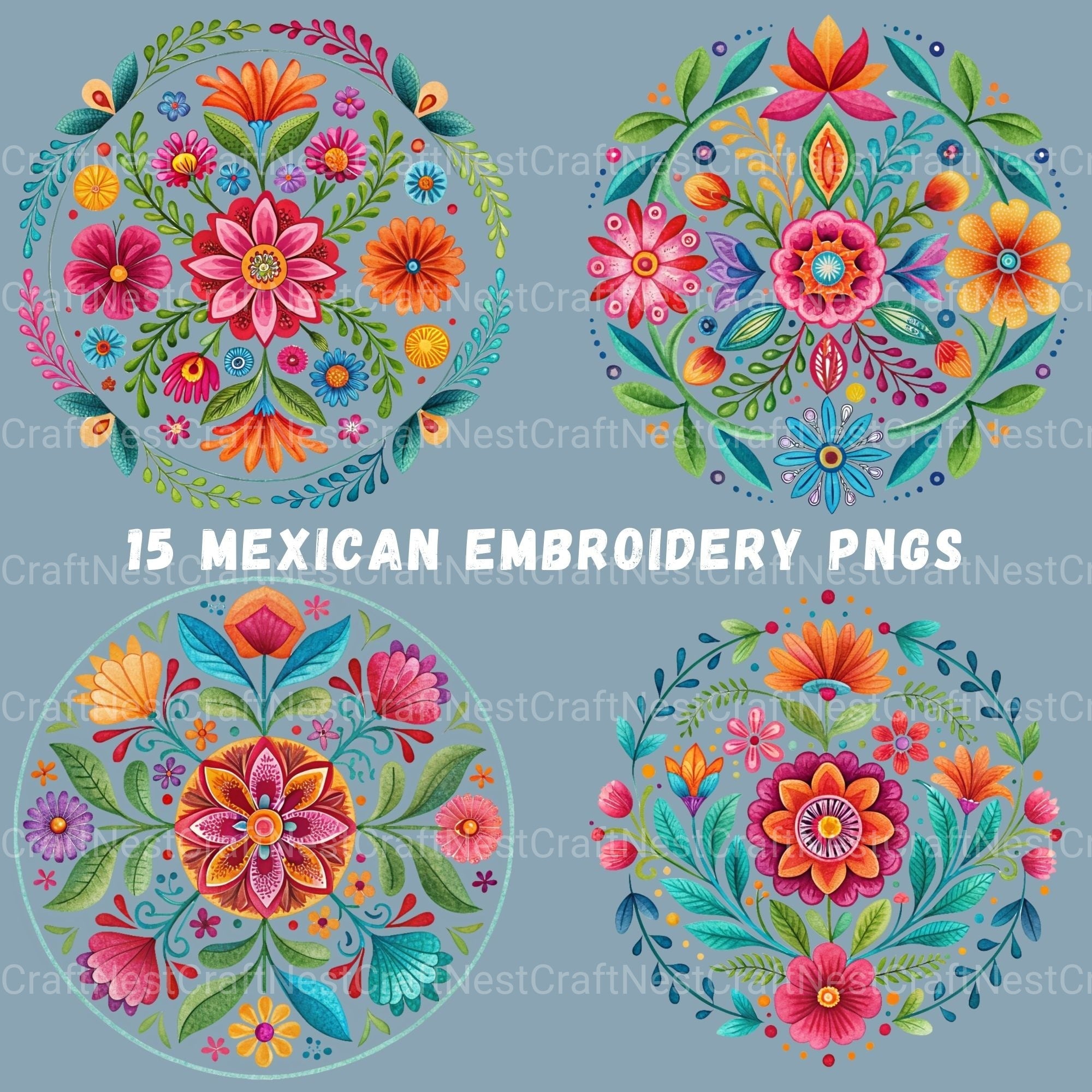 Mexican Embroidery Flowers Clipart Bundle