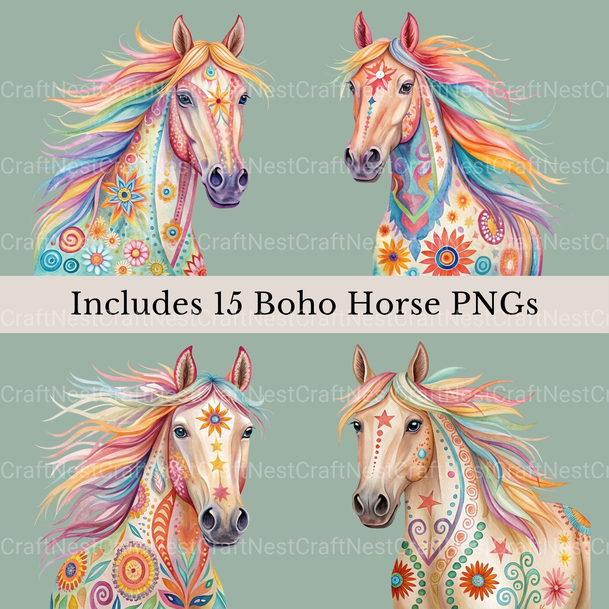 Horse Portraits Boho Clipart Bundle