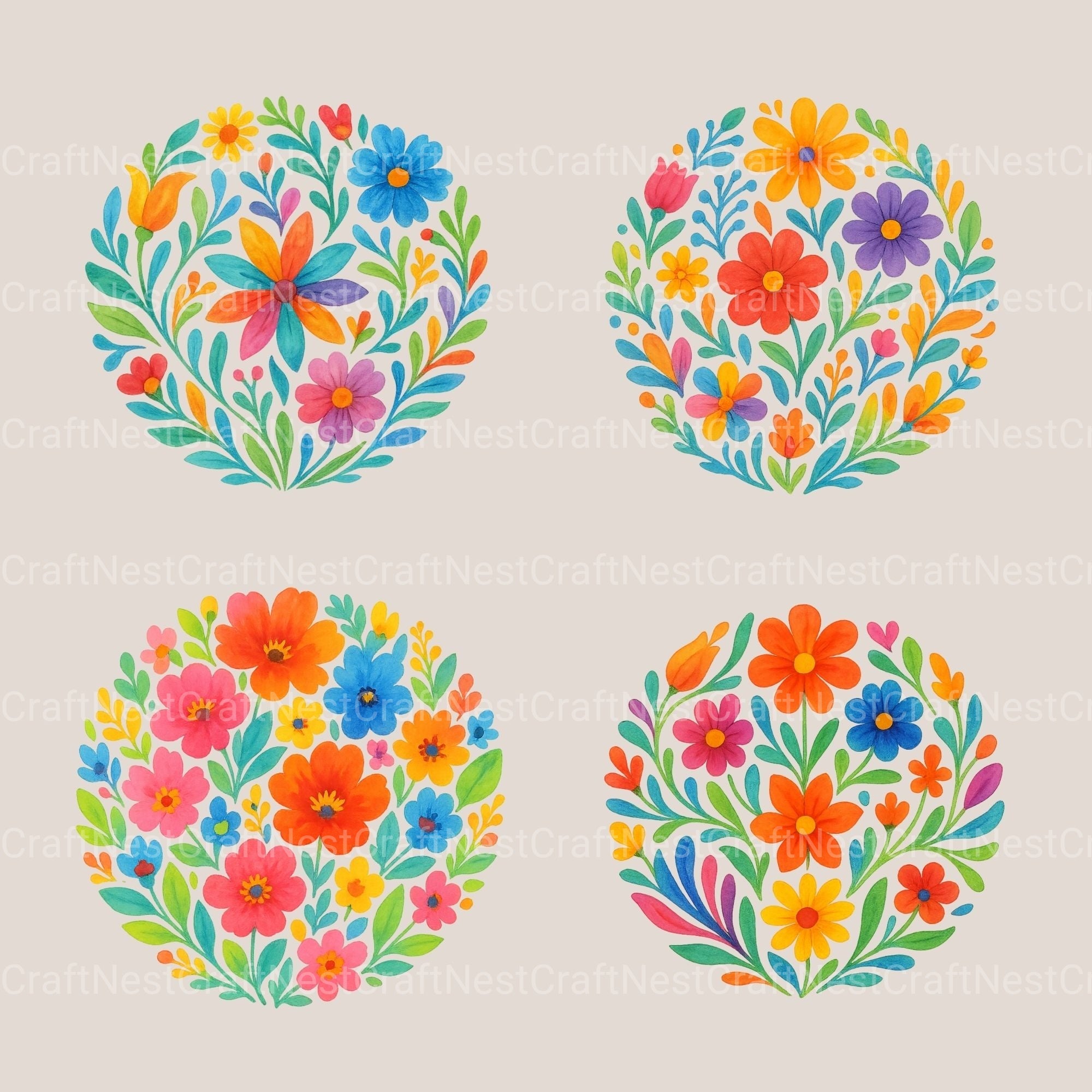 Mexican Flowers Circle Clipart Bundle