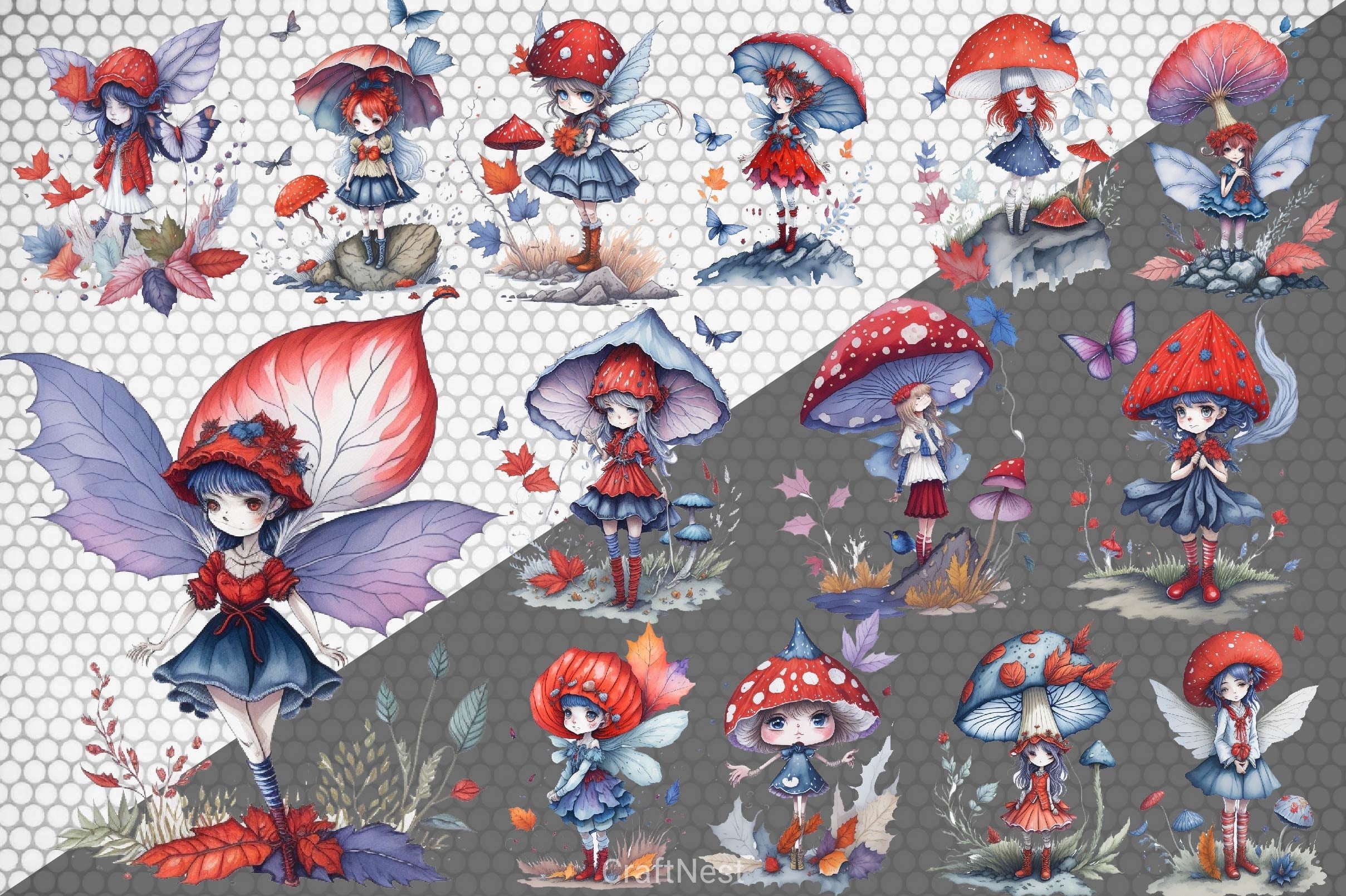 Fairy With Mushroom Red Blue Autumn Fall Fairy Clipart Bundle