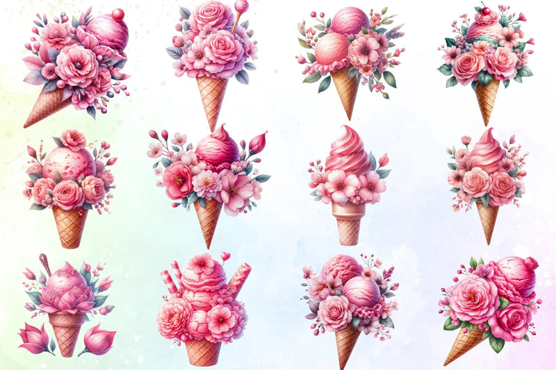 Pink Floral Ice Cream Clipart Bundle - CraftNest - Digital Crafting and Art