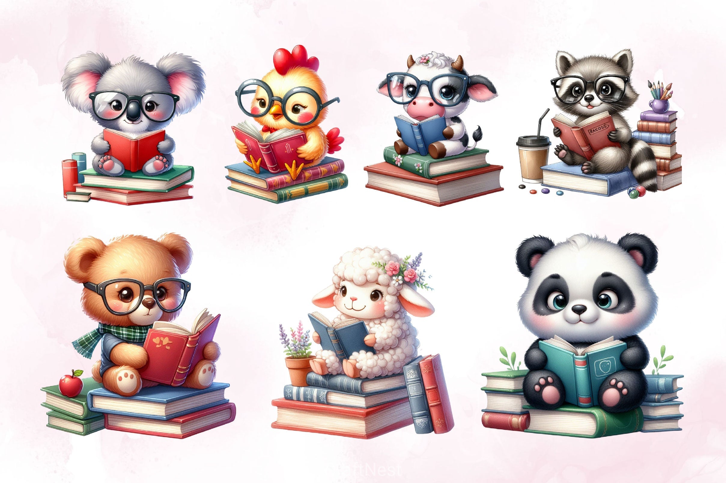 Cute Animals Reading Book Clipart Bundle