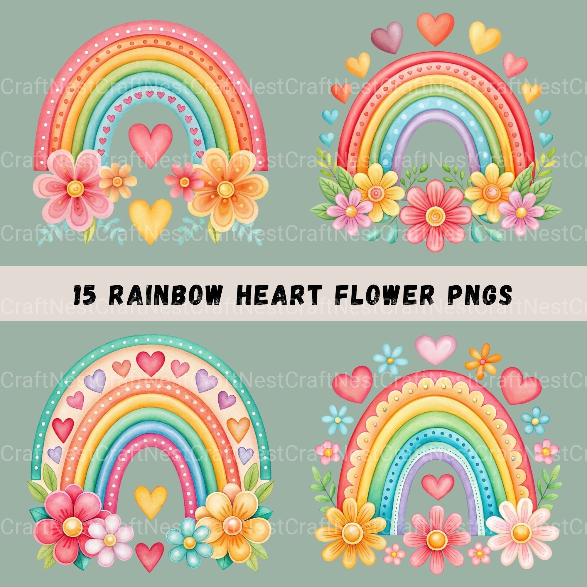 Rainbows Hearts Flowers Clipart Bundle