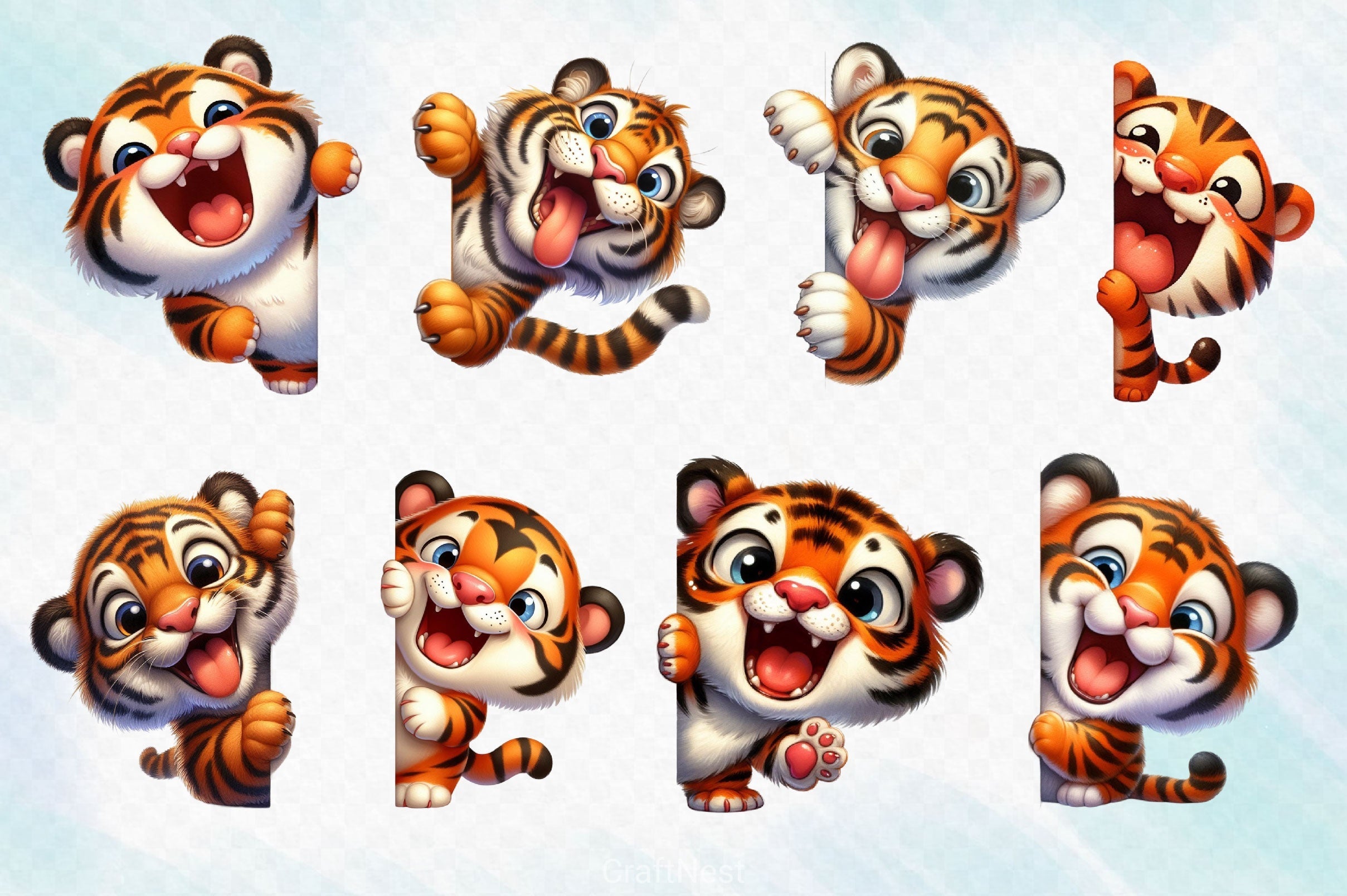 Funny Tiger Peeking Around Corner Clipart Bundle