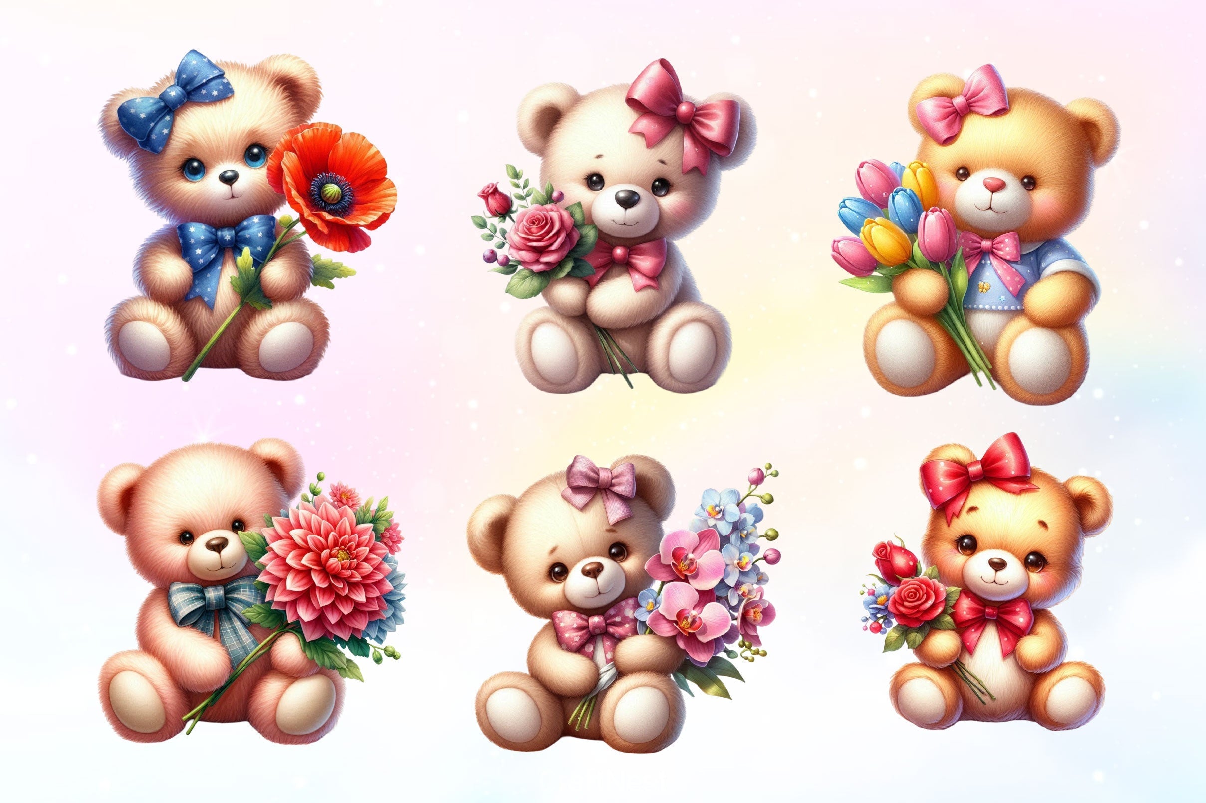 Teddy Bear Holding Flowers Clipart Bundle